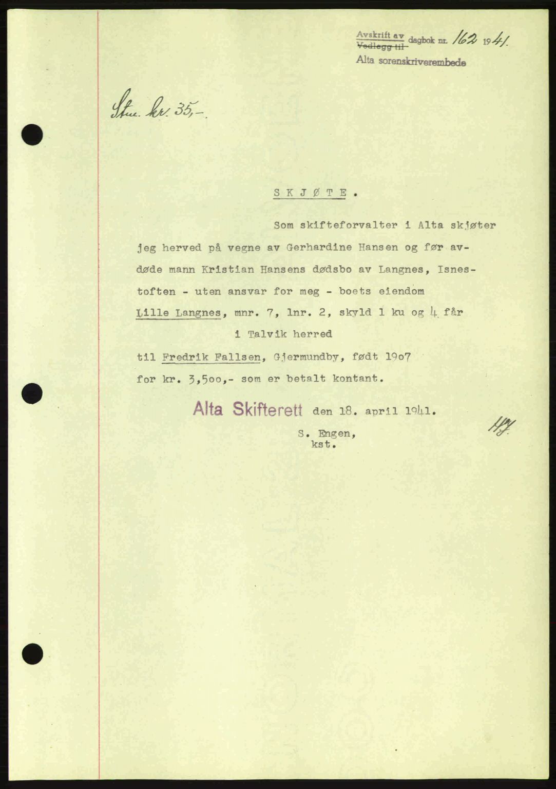 Alta fogderi/sorenskriveri, SATØ/SATØ-5/1/K/Kd/L0033pantebok: Mortgage book no. 33, 1940-1943, Diary no: : 162/1941