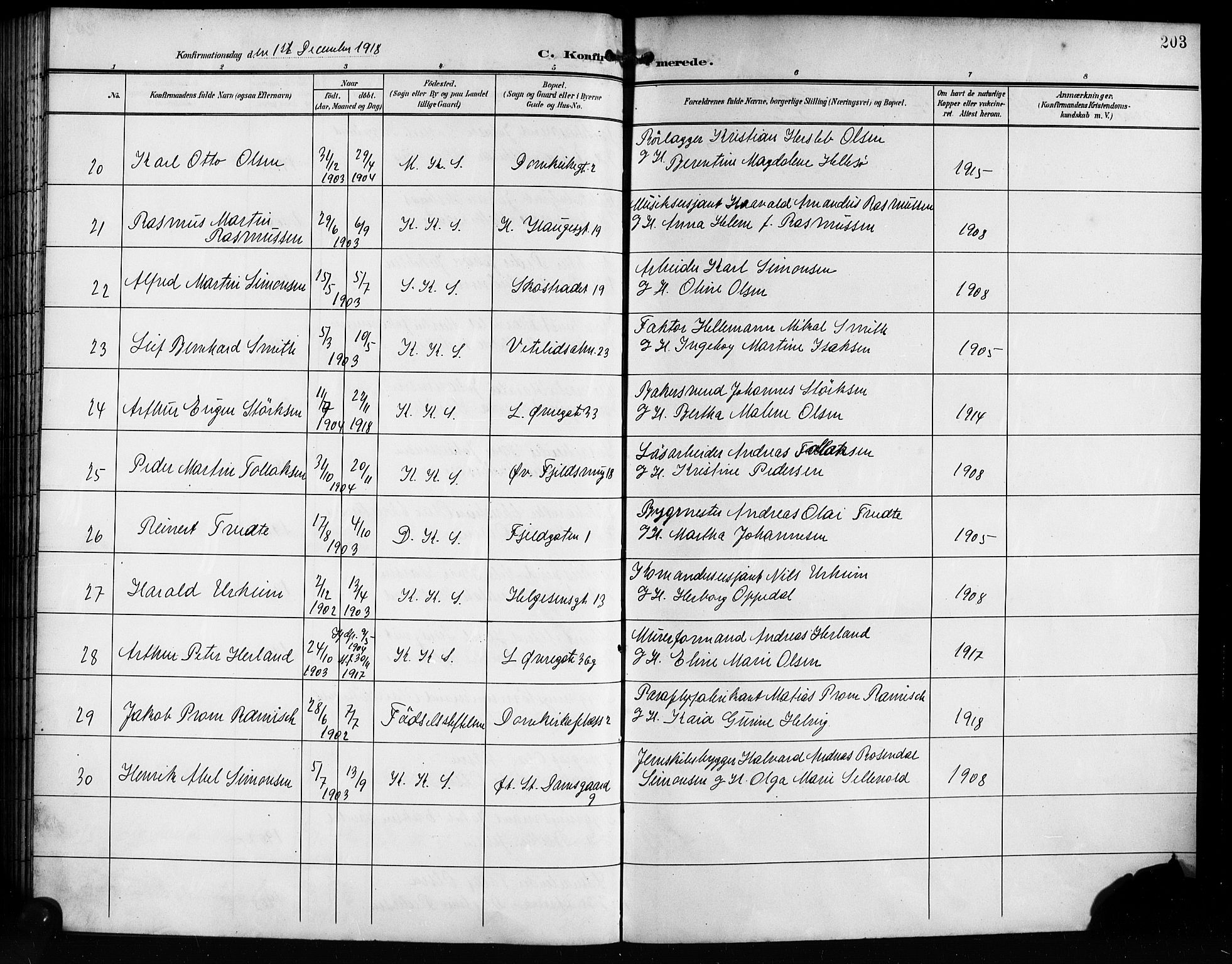 Korskirken sokneprestembete, AV/SAB-A-76101/H/Hab: Parish register (copy) no. C 5, 1906-1918, p. 203