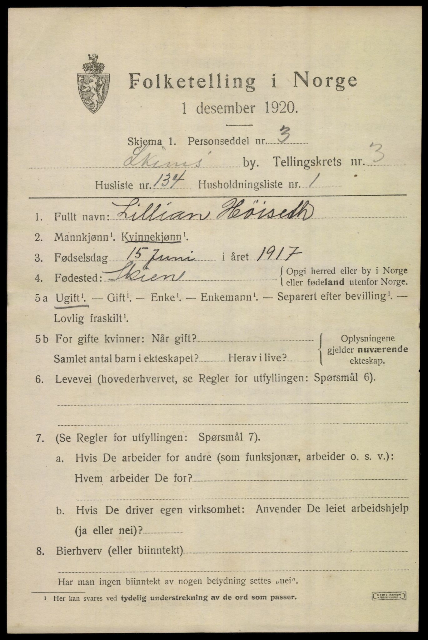 SAKO, 1920 census for Skien, 1920, p. 16818