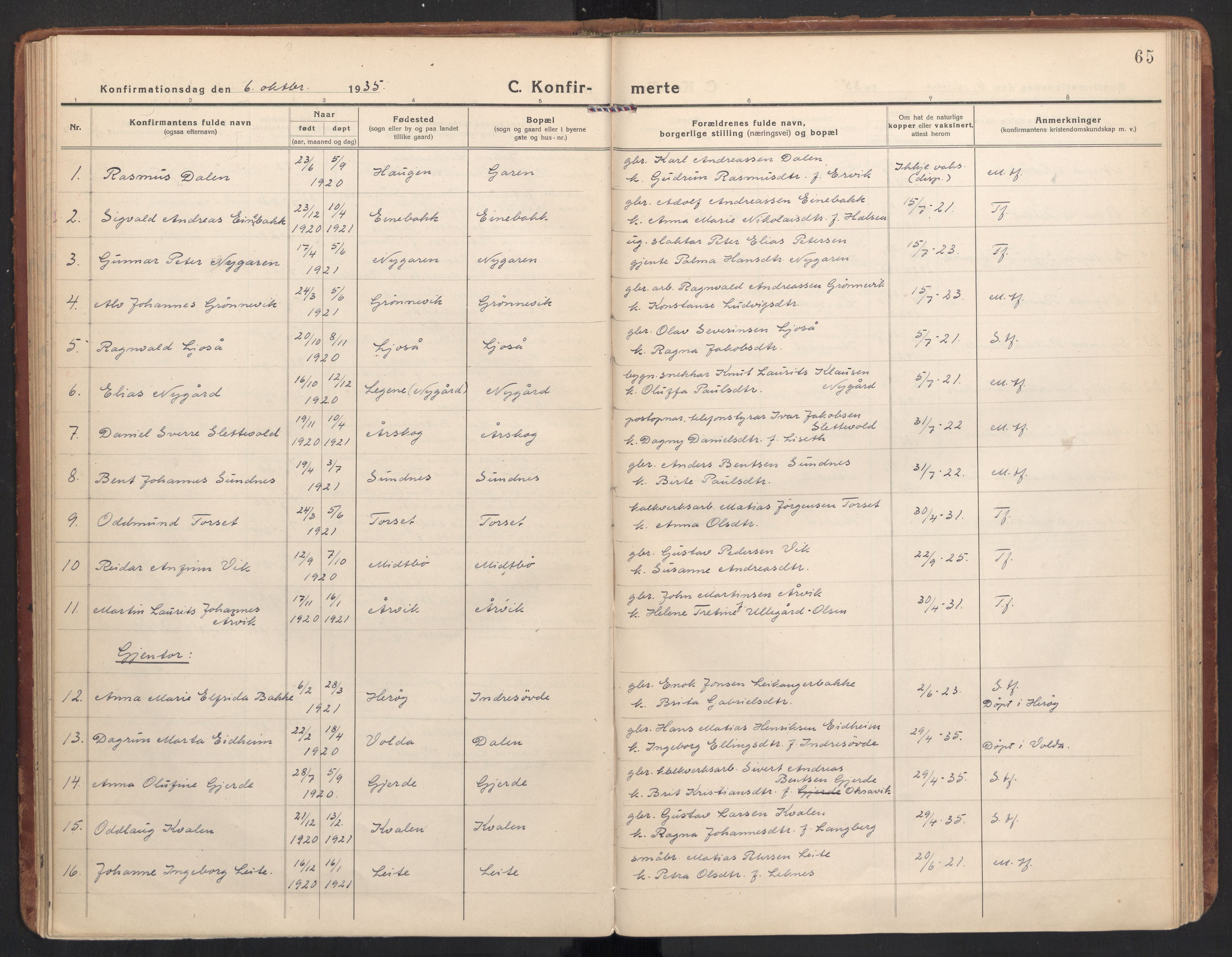 Ministerialprotokoller, klokkerbøker og fødselsregistre - Møre og Romsdal, SAT/A-1454/504/L0058: Parish register (official) no. 504A05, 1920-1940, p. 65