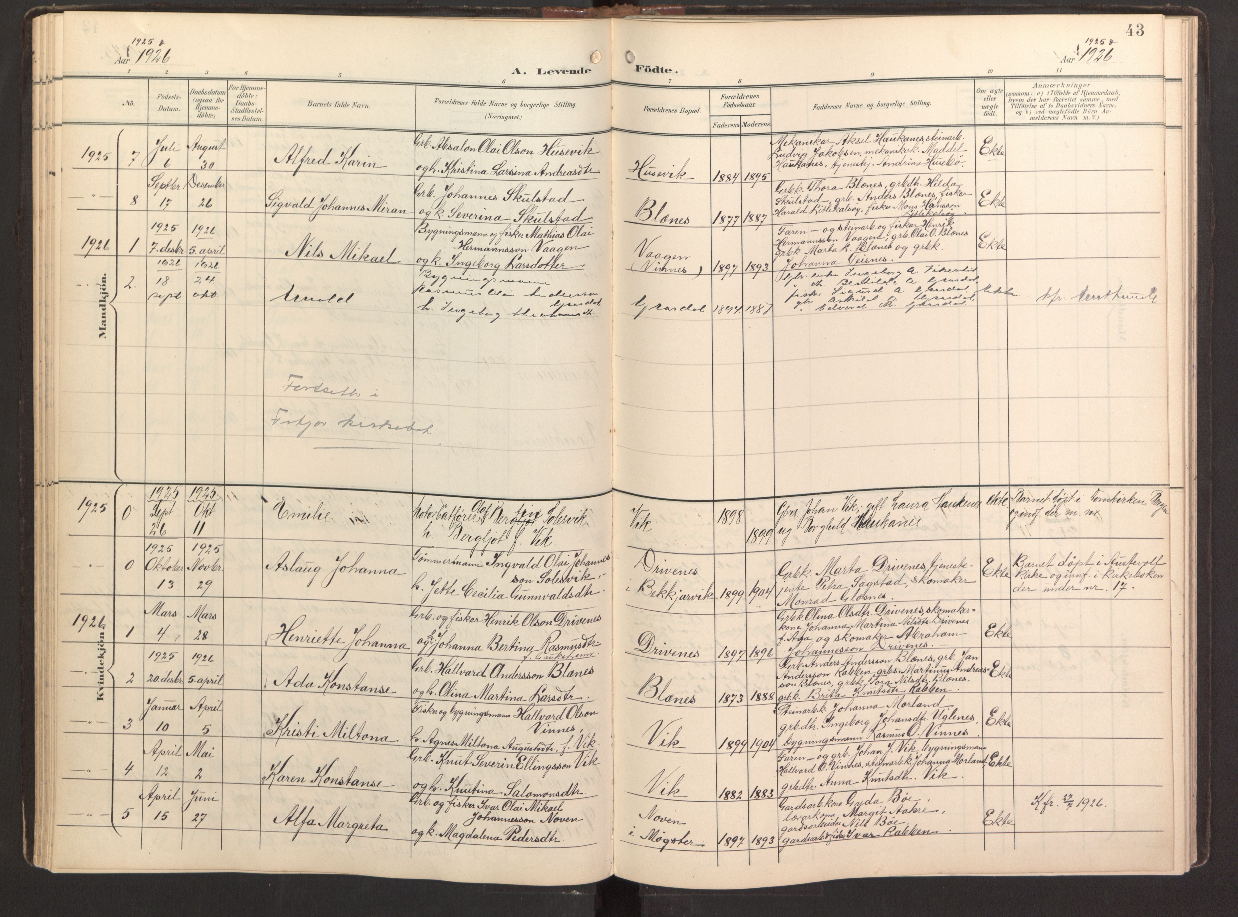 Fitjar sokneprestembete, SAB/A-99926: Parish register (official) no. B 1, 1900-1926, p. 43