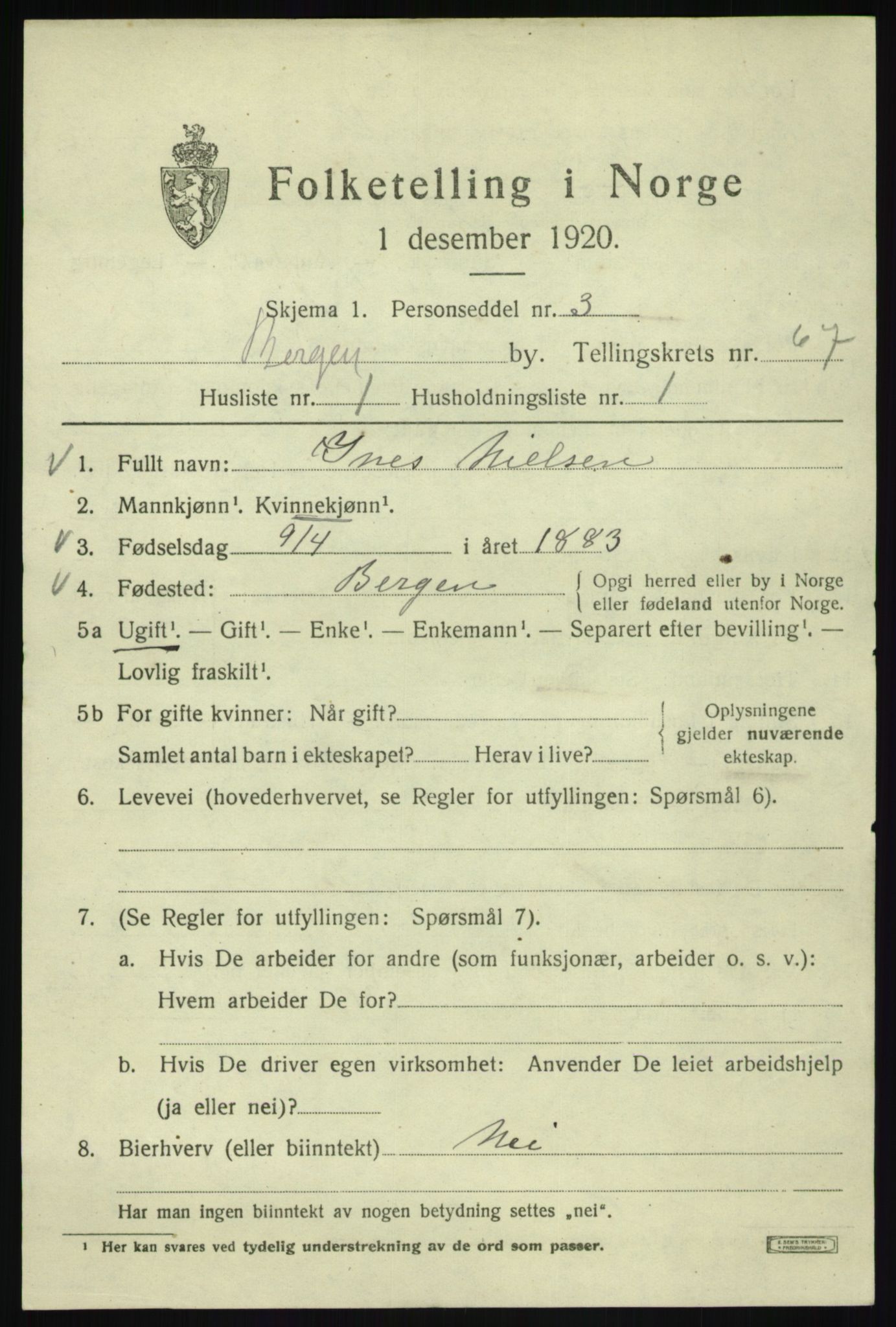 SAB, 1920 census for Bergen, 1920, p. 135163