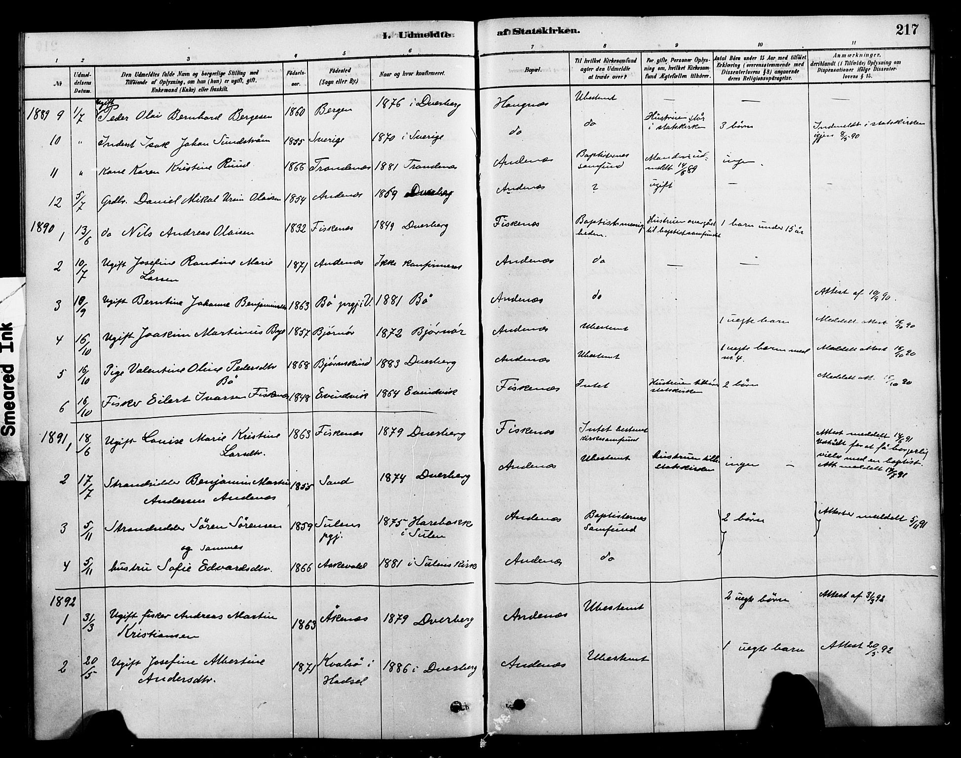 Ministerialprotokoller, klokkerbøker og fødselsregistre - Nordland, SAT/A-1459/899/L1436: Parish register (official) no. 899A04, 1881-1896, p. 217