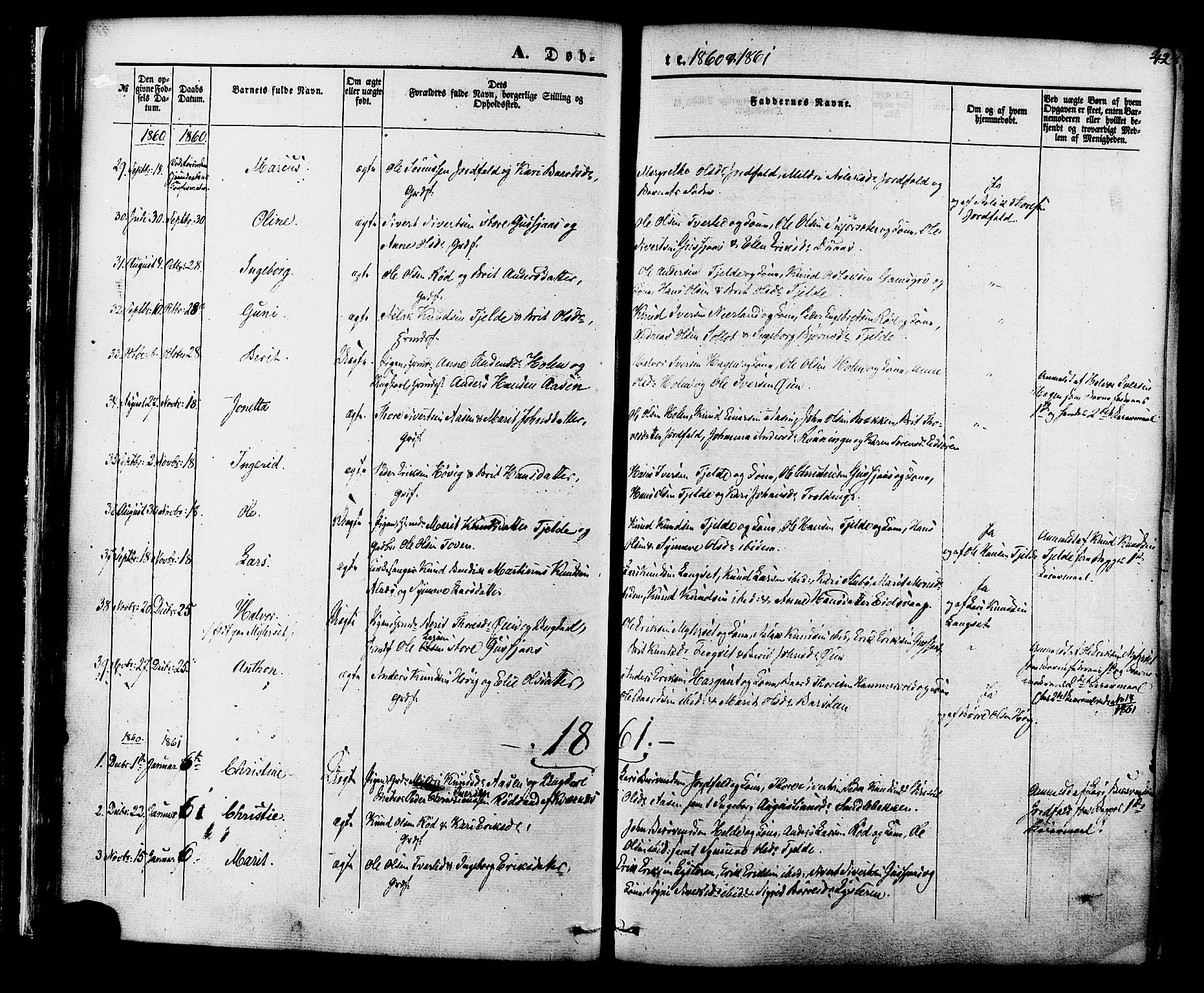 Ministerialprotokoller, klokkerbøker og fødselsregistre - Møre og Romsdal, SAT/A-1454/551/L0625: Parish register (official) no. 551A05, 1846-1879, p. 42