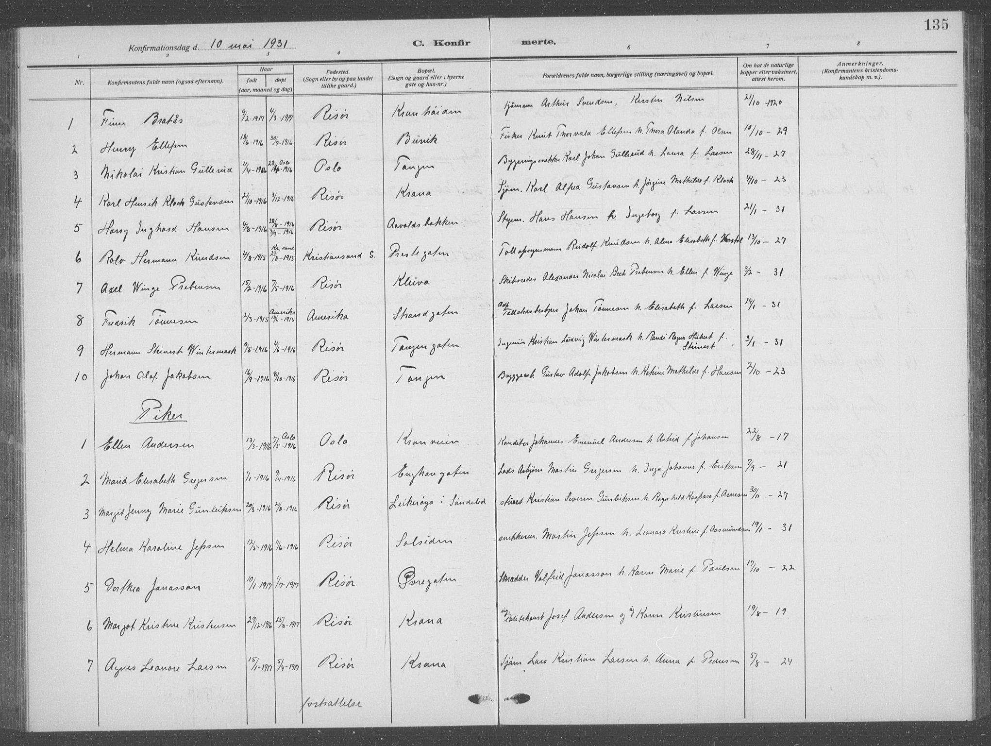 Risør sokneprestkontor, AV/SAK-1111-0035/F/Fb/L0009: Parish register (copy) no. B 9, 1922-1939, p. 135