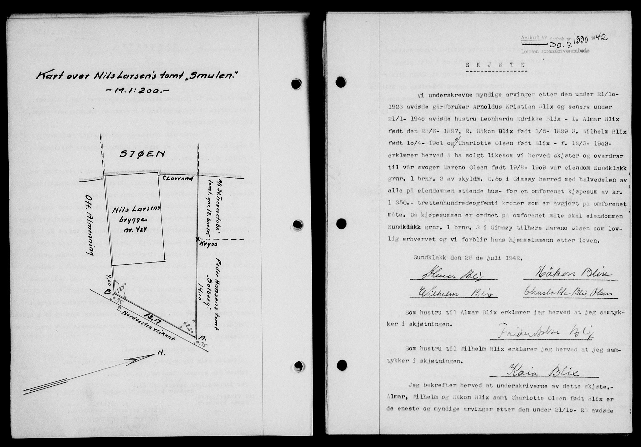 Lofoten sorenskriveri, SAT/A-0017/1/2/2C/L0010a: Mortgage book no. 10a, 1942-1943, Diary no: : 1330/1942