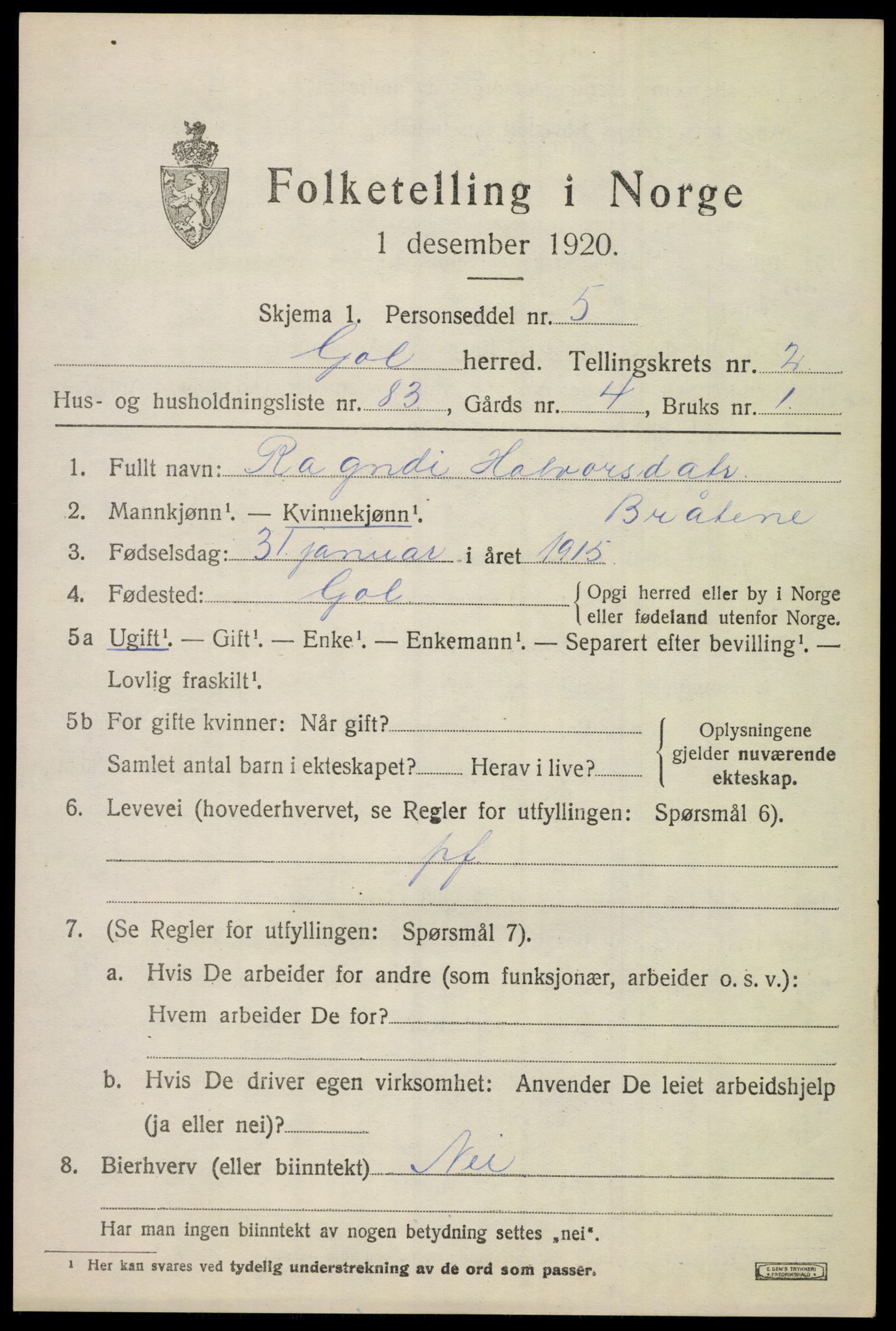 SAKO, 1920 census for Gol, 1920, p. 2172