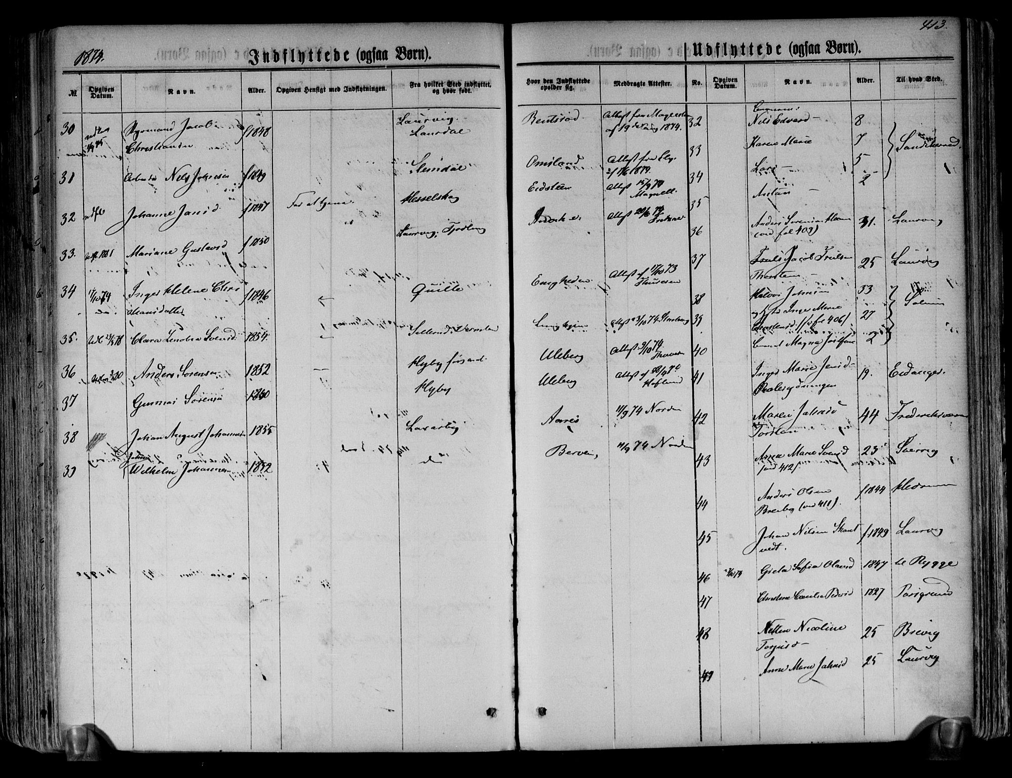 Brunlanes kirkebøker, SAKO/A-342/F/Fa/L0005: Parish register (official) no. I 5, 1862-1877, p. 413