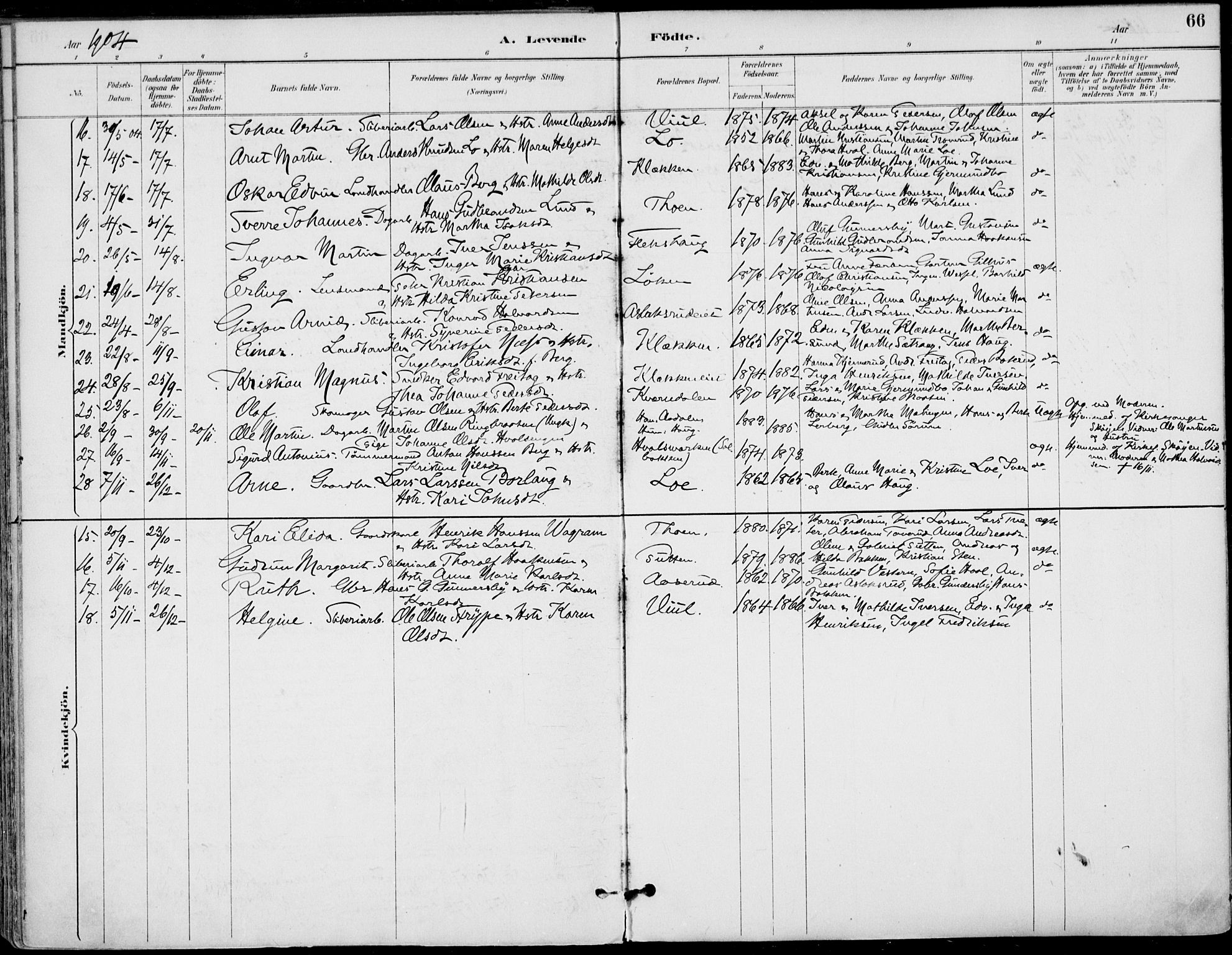 Haug kirkebøker, AV/SAKO-A-604/F/Fa/L0001: Parish register (official) no. 1, 1885-1917, p. 66