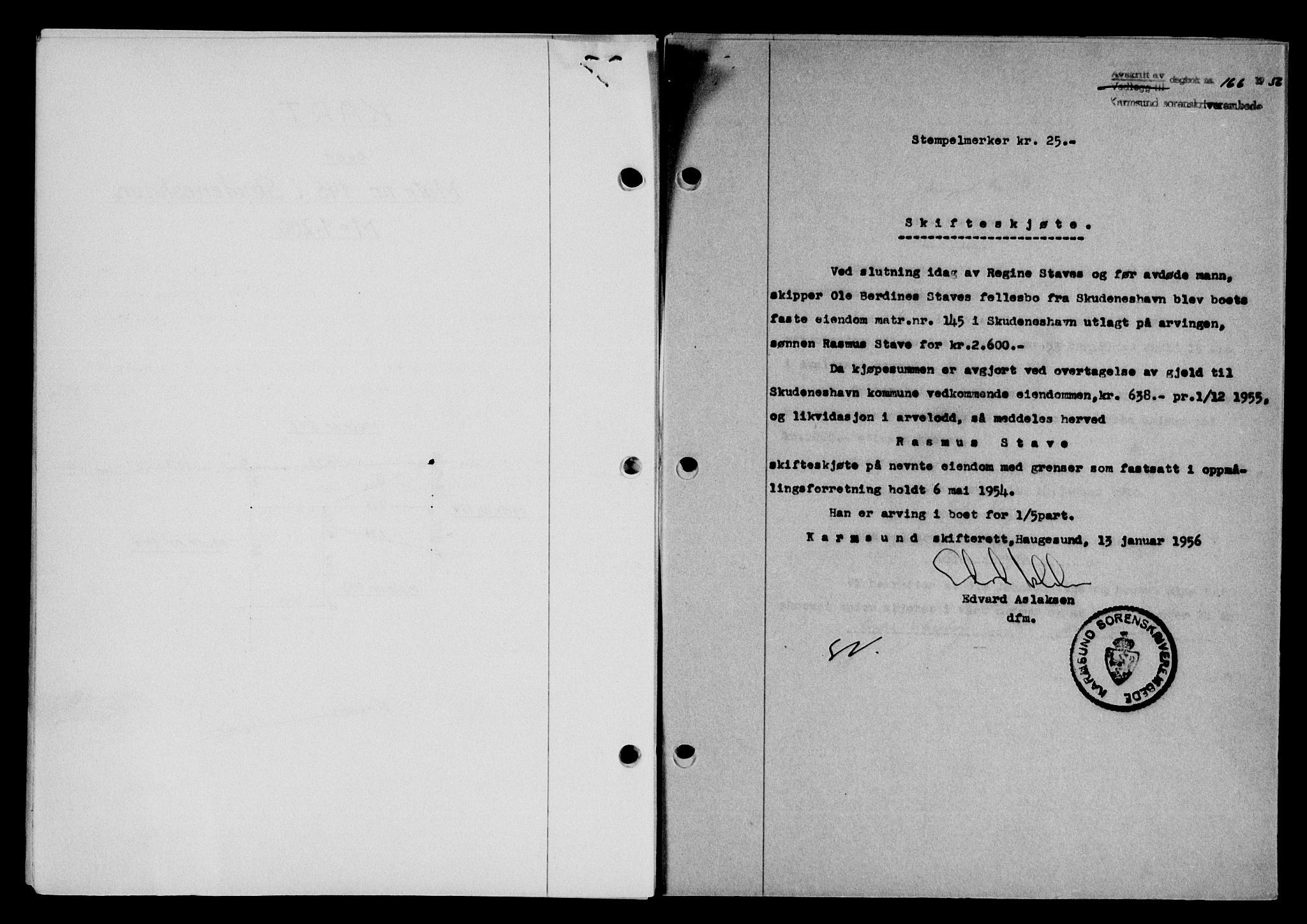 Karmsund sorenskriveri, AV/SAST-A-100311/01/II/IIB/L0118: Mortgage book no. 98A, 1955-1956, Diary no: : 166/1956