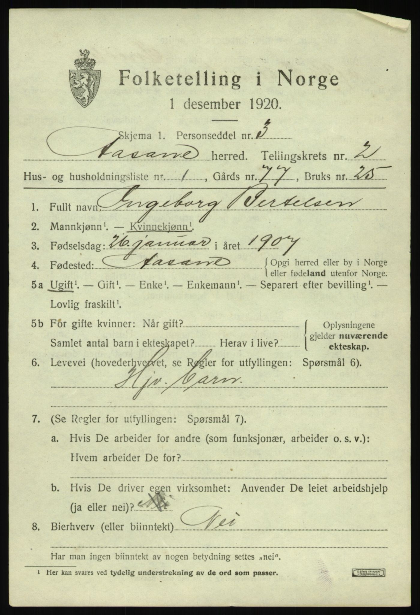 SAB, 1920 census for Åsane, 1920, p. 1231