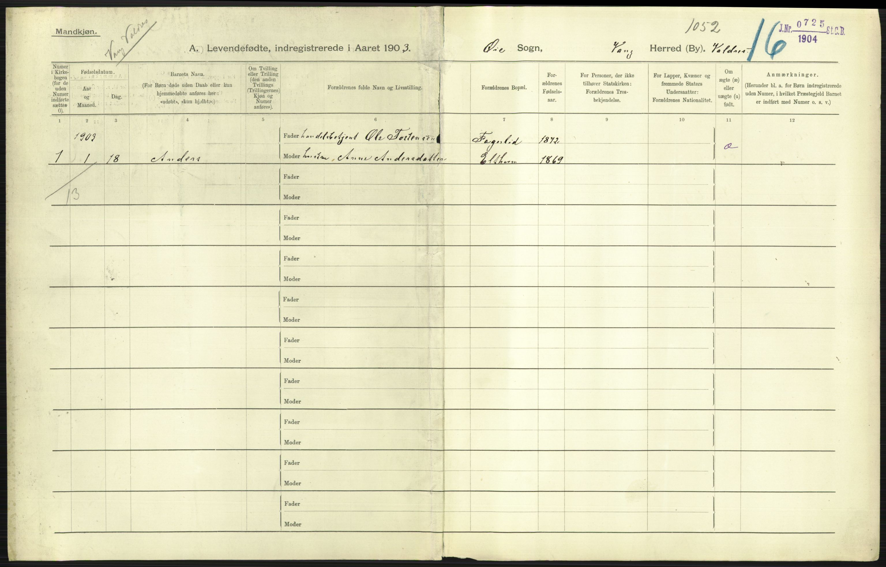 Statistisk sentralbyrå, Sosiodemografiske emner, Befolkning, AV/RA-S-2228/D/Df/Dfa/Dfaa/L0006: Kristians amt: Fødte, gifte, døde, 1903, p. 387