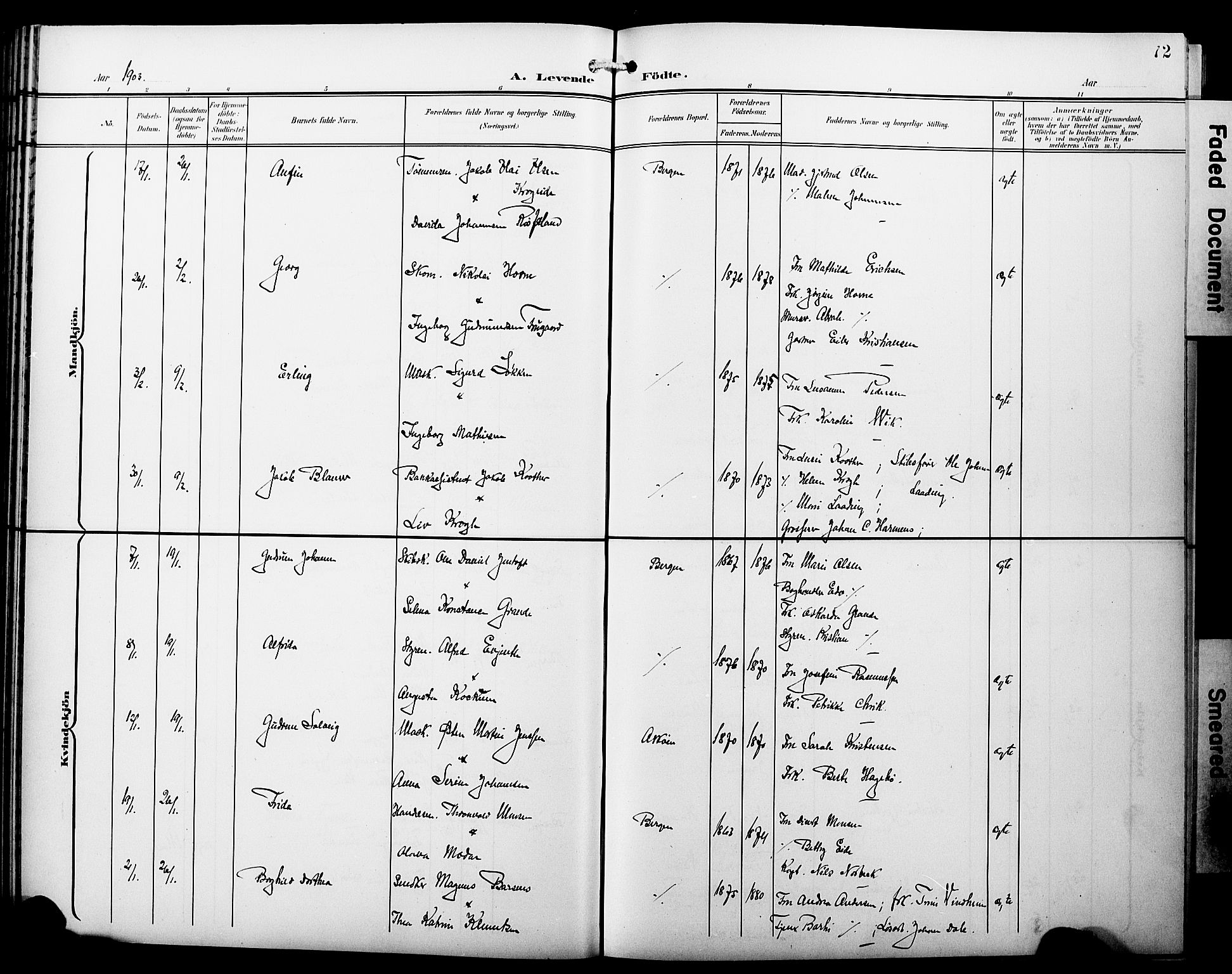 Fødselsstiftelsens sokneprestembete*, SAB/-: Parish register (copy) no. A 1, 1900-1909, p. 72