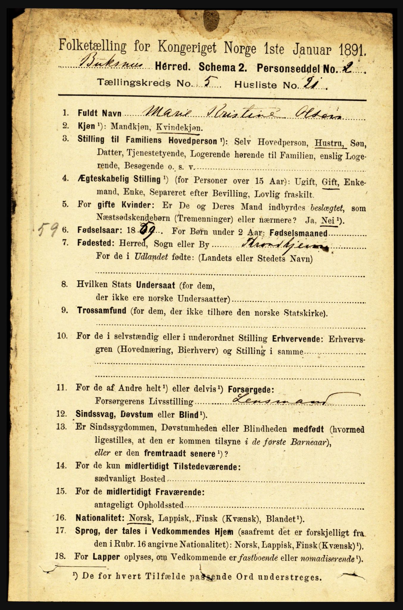 RA, 1891 census for 1860 Buksnes, 1891, p. 3998