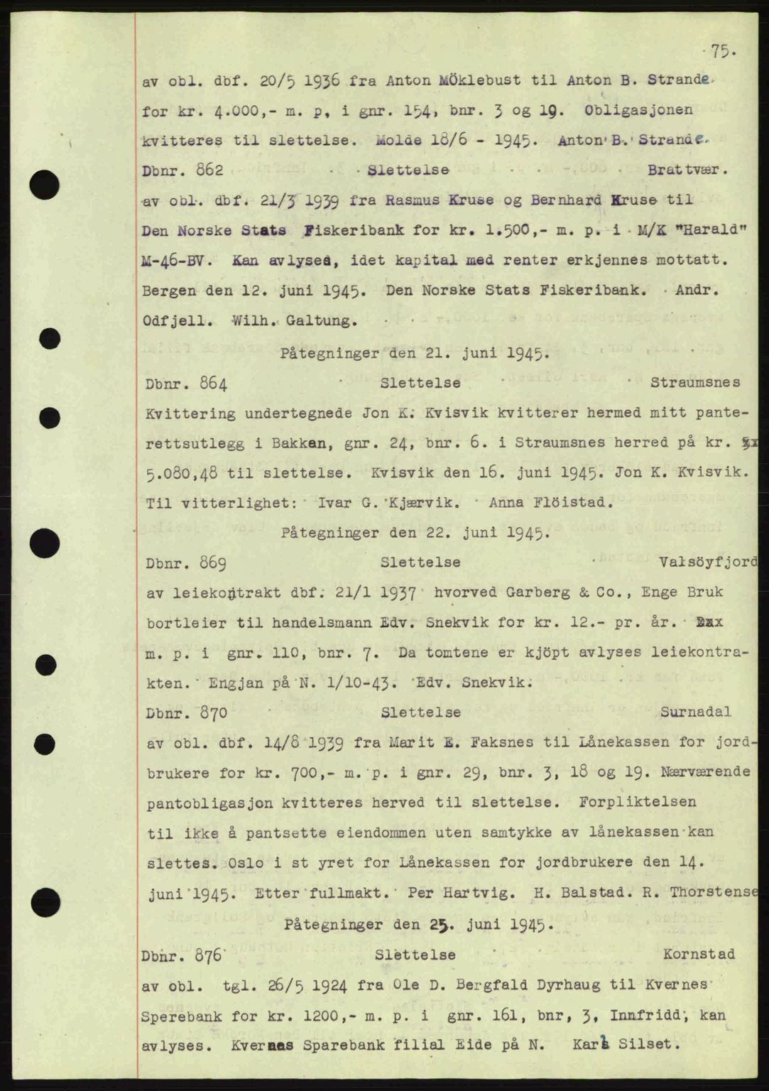 Nordmøre sorenskriveri, AV/SAT-A-4132/1/2/2Ca: Mortgage book no. C82a, 1945-1946, Diary no: : 862/1945