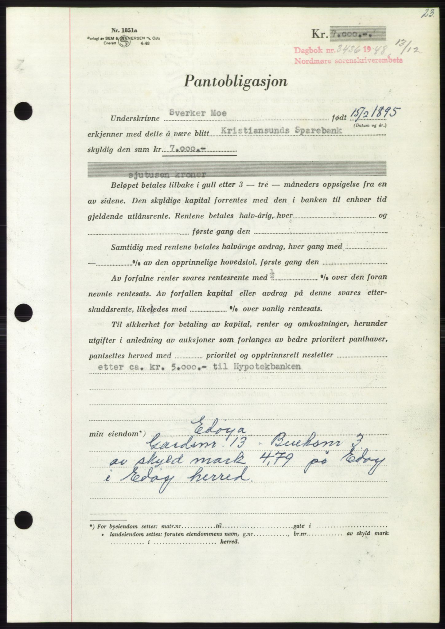 Nordmøre sorenskriveri, AV/SAT-A-4132/1/2/2Ca: Mortgage book no. B100, 1948-1949, Diary no: : 3436/1948