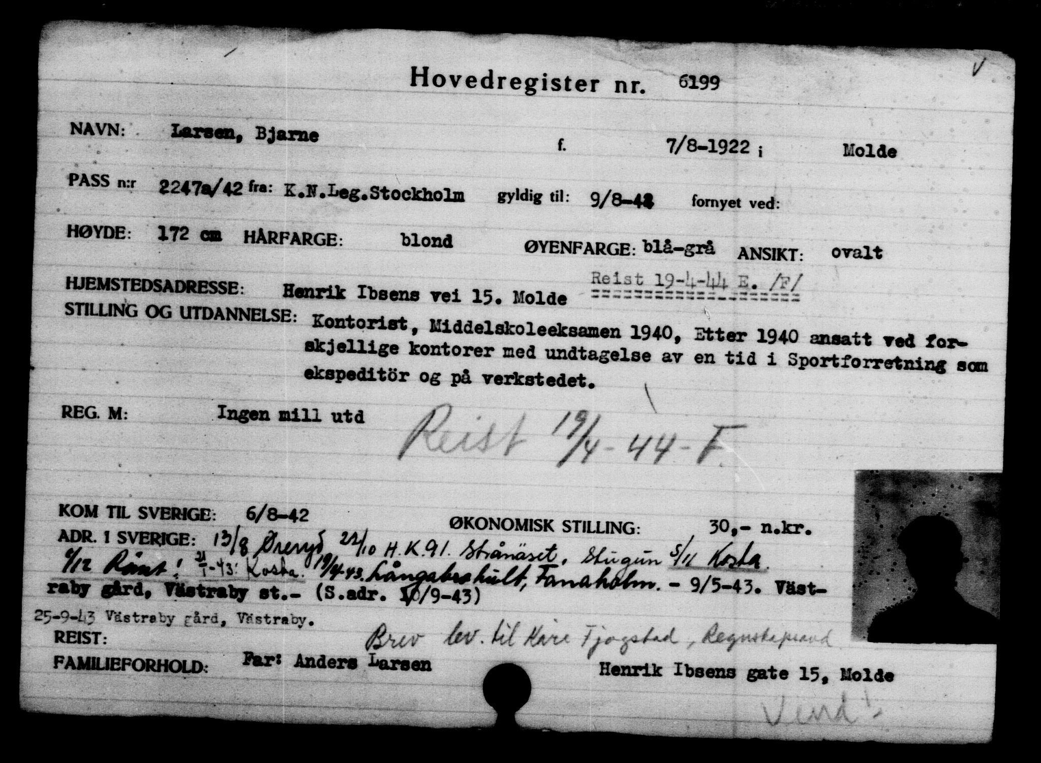 Utenriksstasjonene, Legasjonen i Stockholm, Flyktningkontoret, AV/RA-S-6753/V/Va/L0004: Kjesäterkartoteket, flyktninger med registreringsnr. 3496-6610, 1940-1945, p. 3178