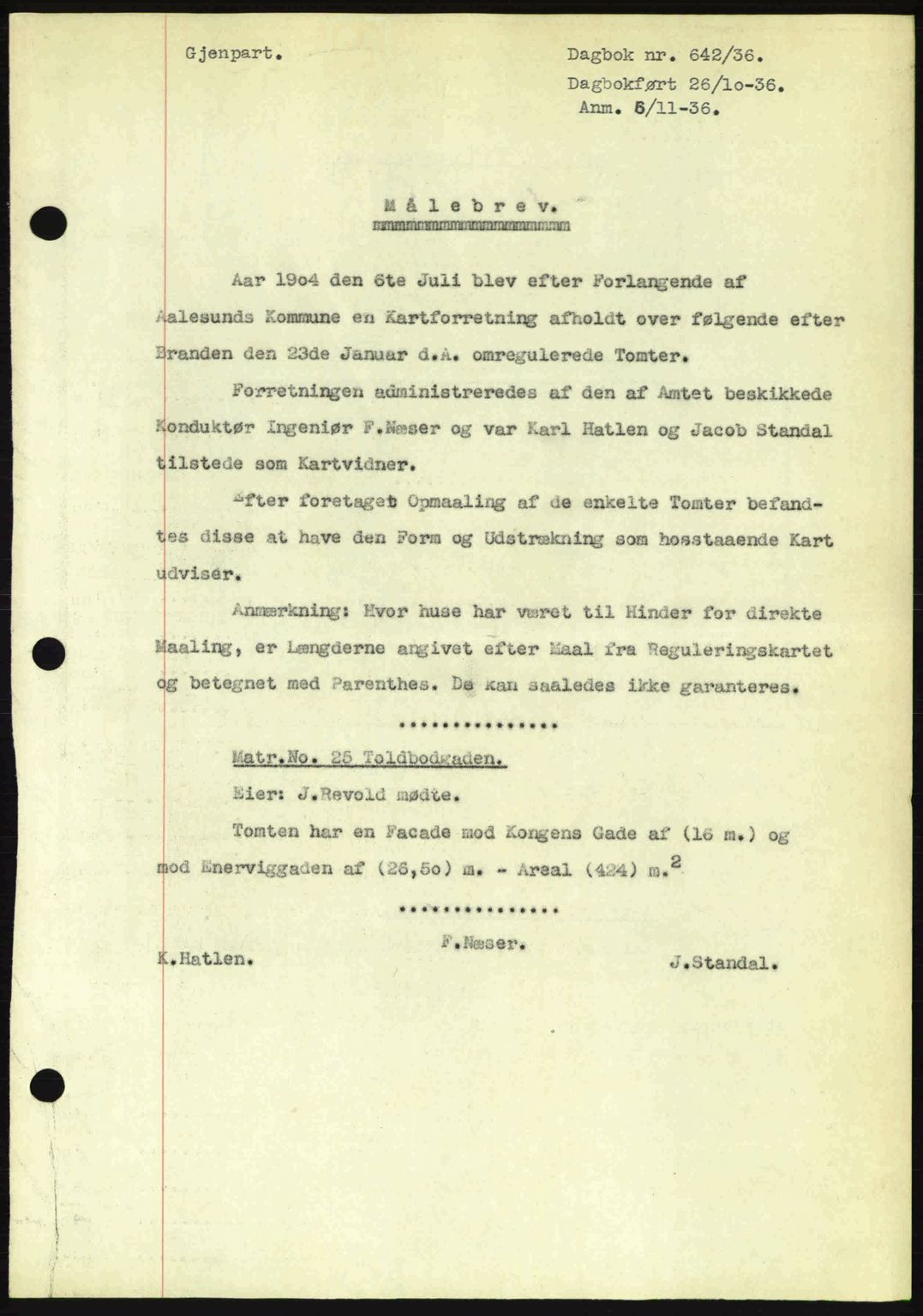 Ålesund byfogd, AV/SAT-A-4384: Mortgage book no. 34 I, 1936-1938, Diary no: : 642/1936