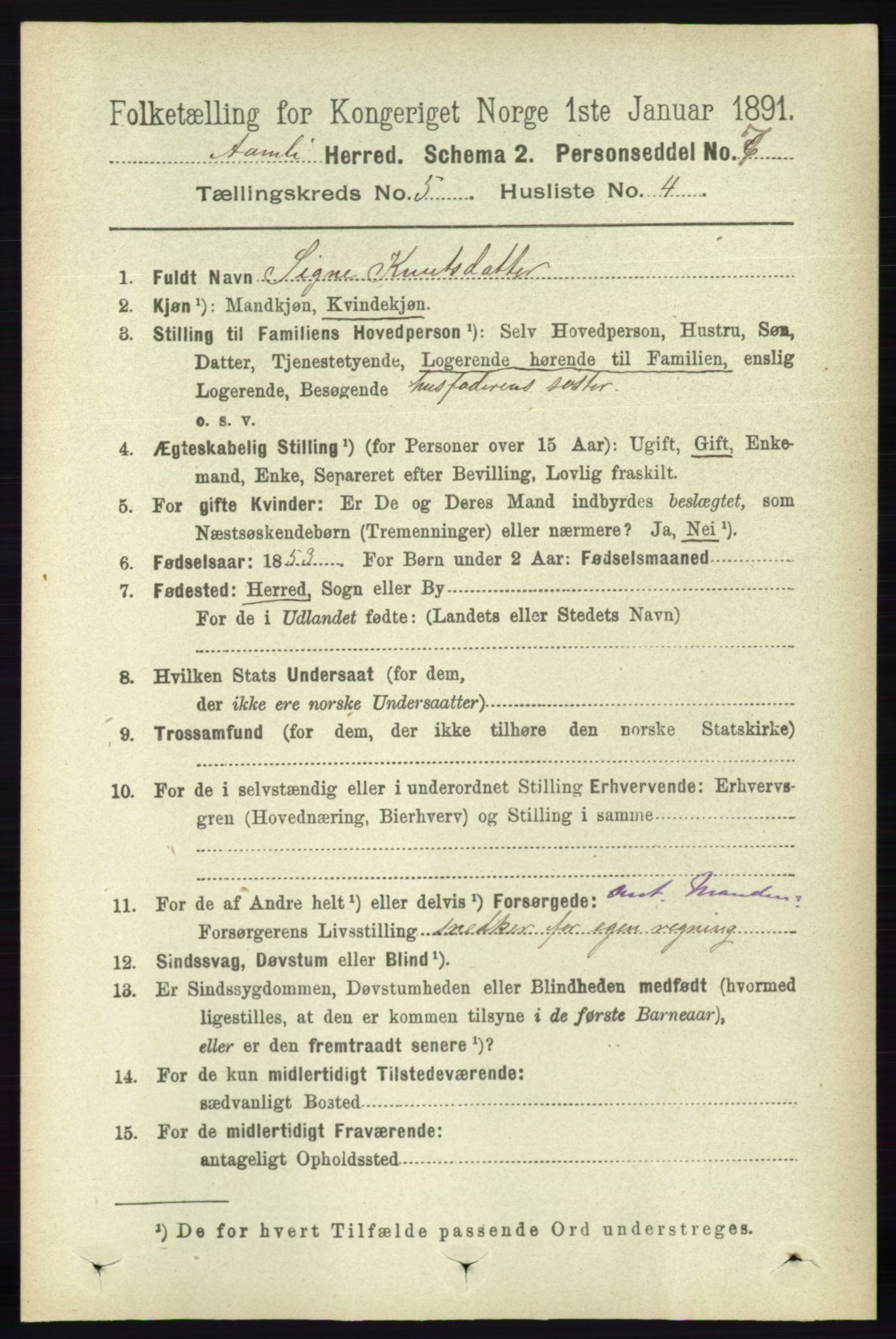 RA, 1891 census for 0929 Åmli, 1891, p. 709