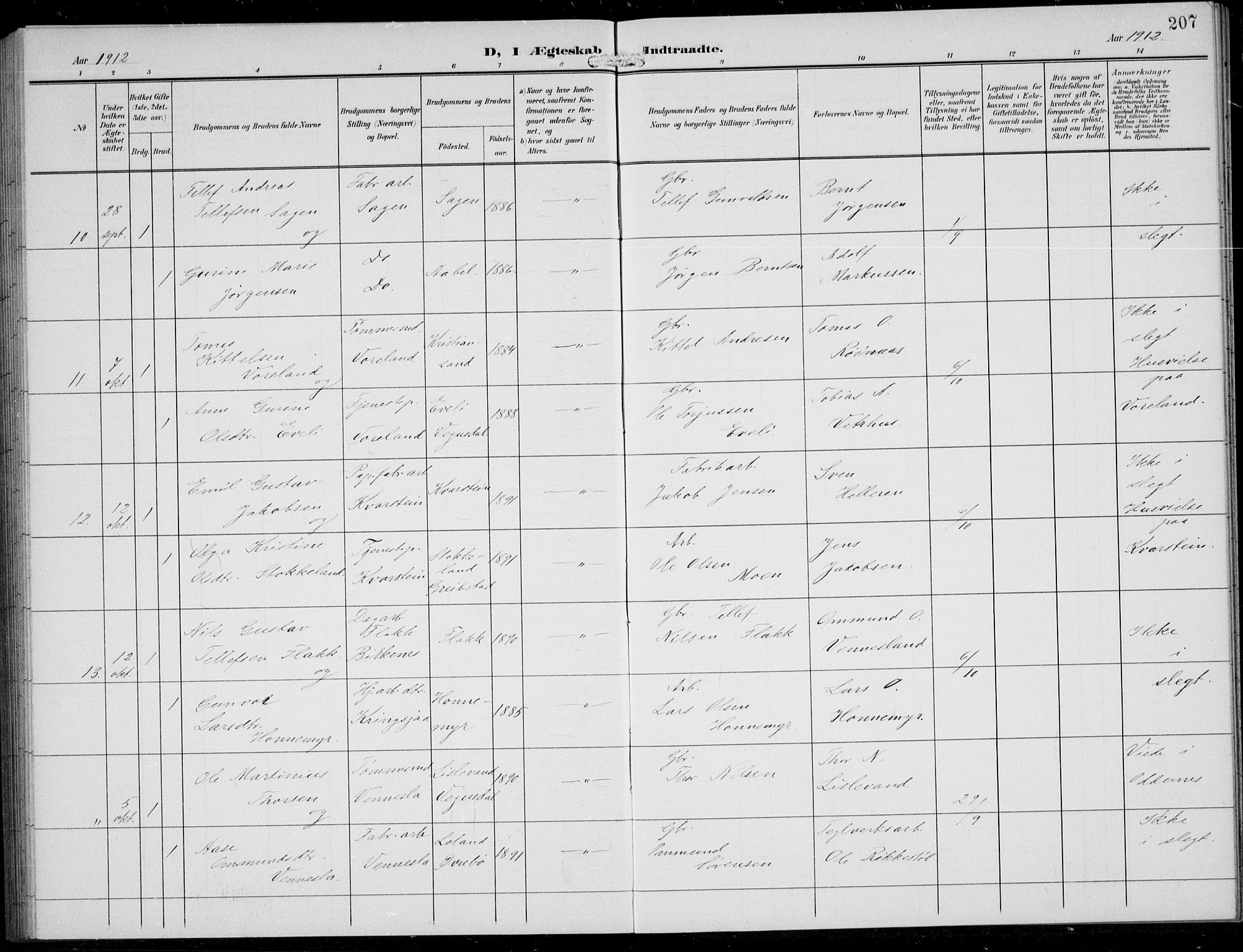 Vennesla sokneprestkontor, AV/SAK-1111-0045/Fb/Fbb/L0005: Parish register (copy) no. B 5, 1903-1913, p. 207