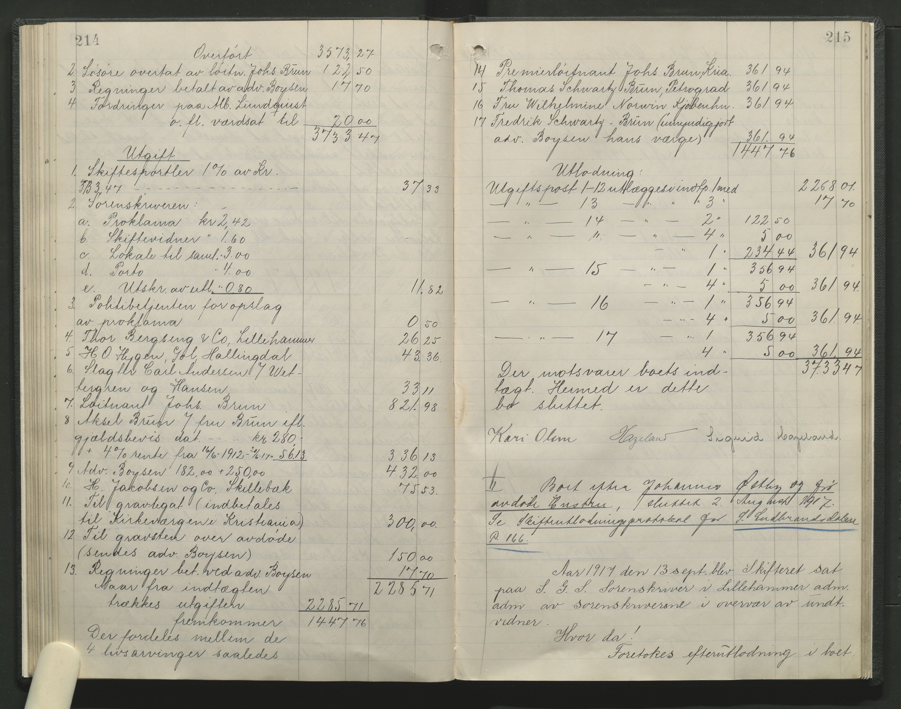 Sør-Gudbrandsdal tingrett, SAH/TING-004/J/Ja/Jag/L0001: Skifteutlodningsprotokoll - Lillehammer by, 1903-1923, p. 214-215