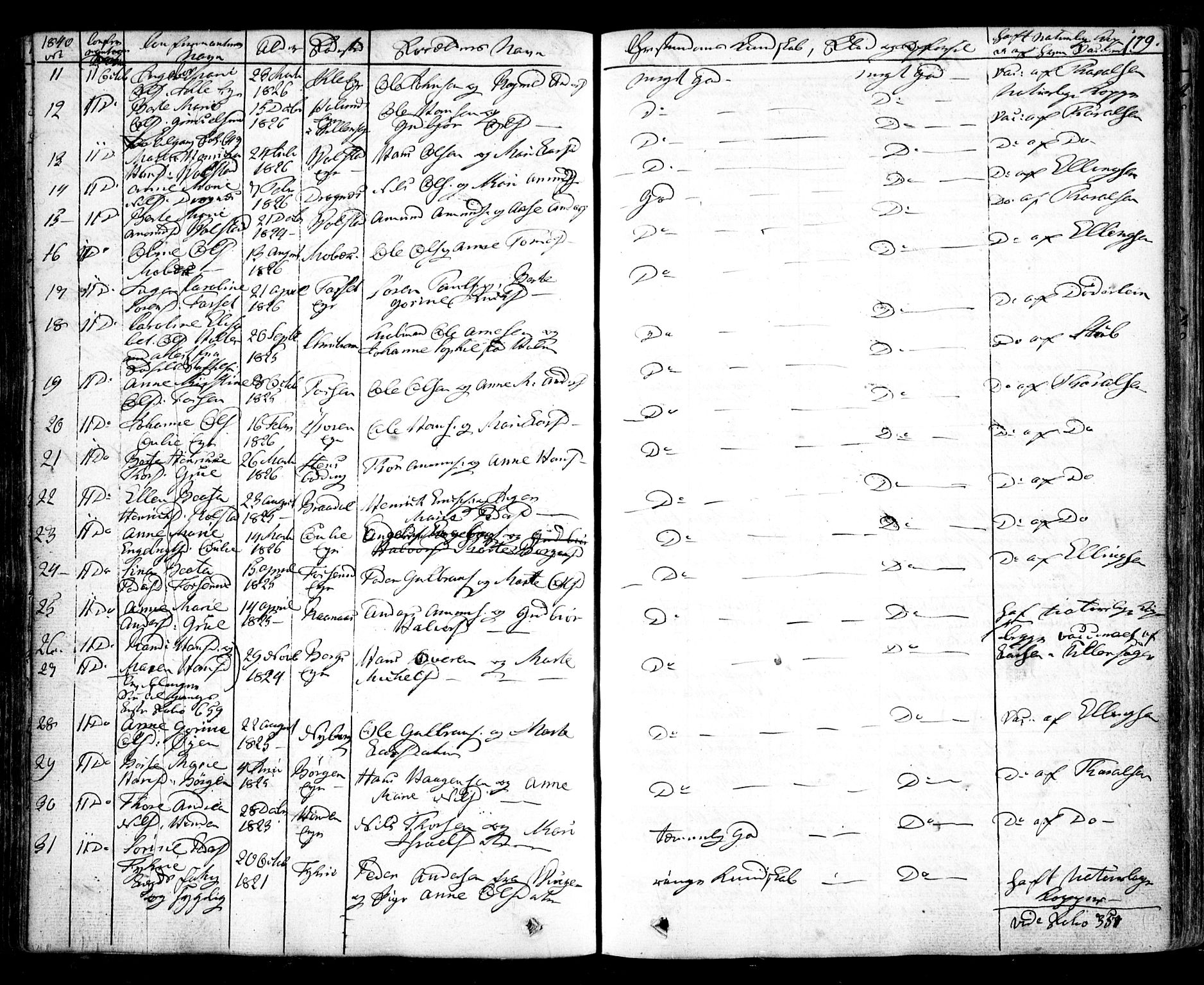 Nes prestekontor Kirkebøker, AV/SAO-A-10410/F/Fa/L0006: Parish register (official) no. I 6, 1833-1845, p. 179