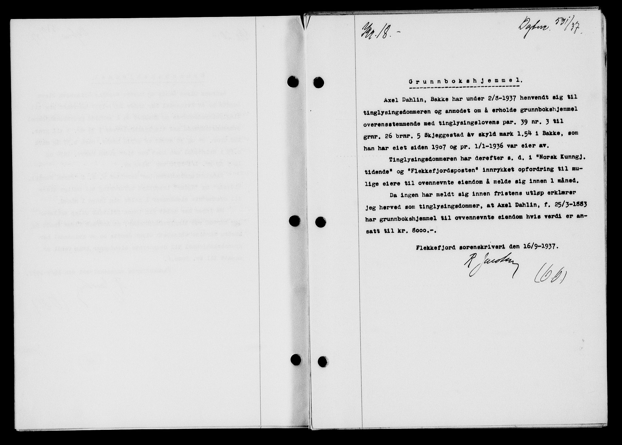 Flekkefjord sorenskriveri, SAK/1221-0001/G/Gb/Gba/L0054: Mortgage book no. A-2, 1937-1938, Diary no: : 531/1937