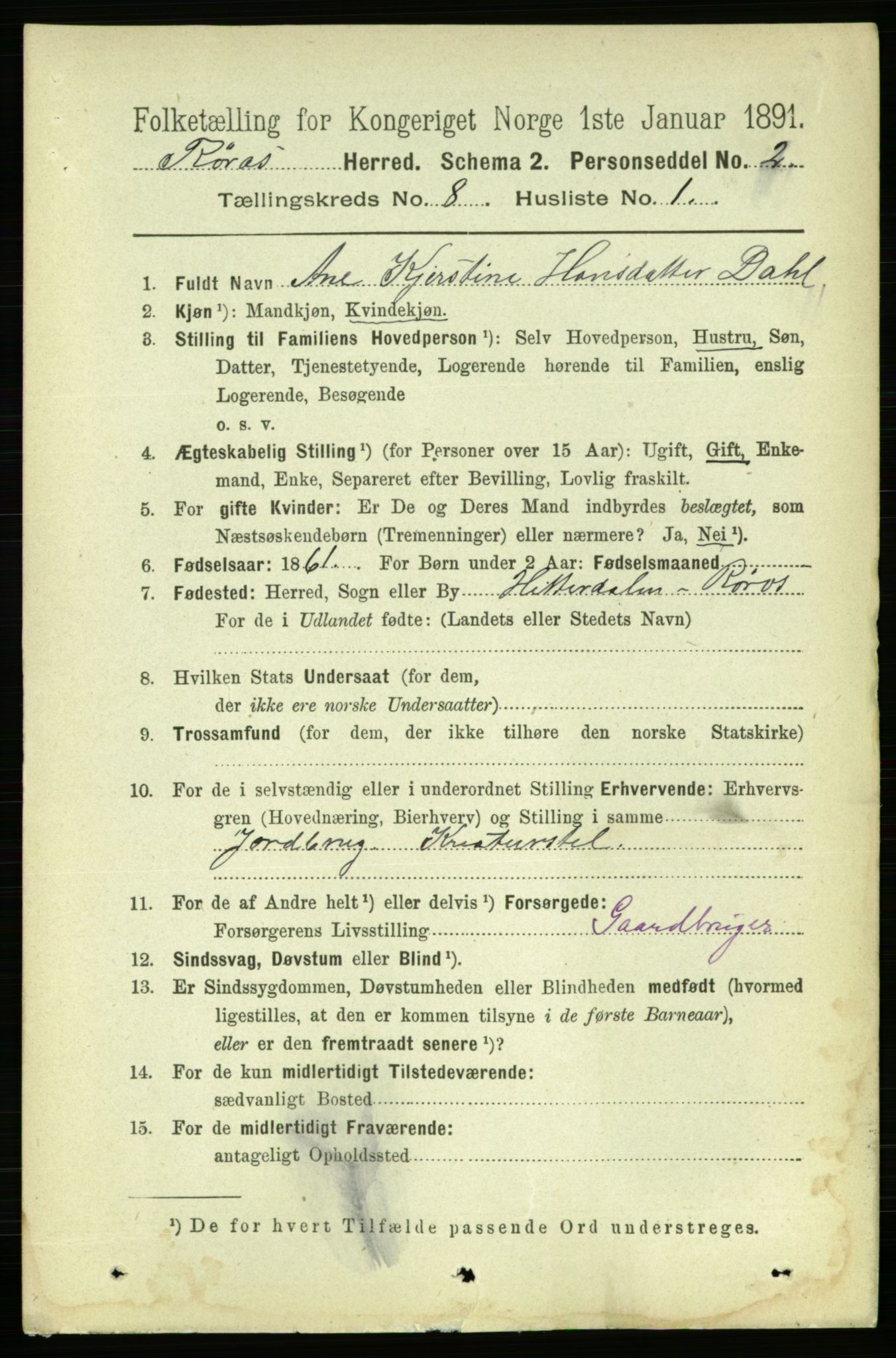 RA, 1891 census for 1640 Røros, 1891, p. 1606