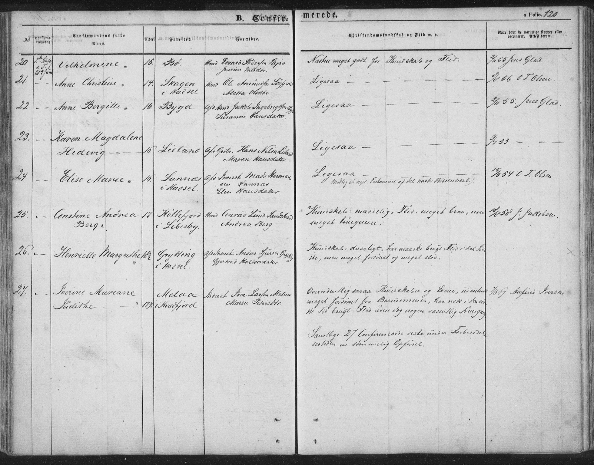 Ministerialprotokoller, klokkerbøker og fødselsregistre - Nordland, AV/SAT-A-1459/895/L1369: Parish register (official) no. 895A04, 1852-1872, p. 120