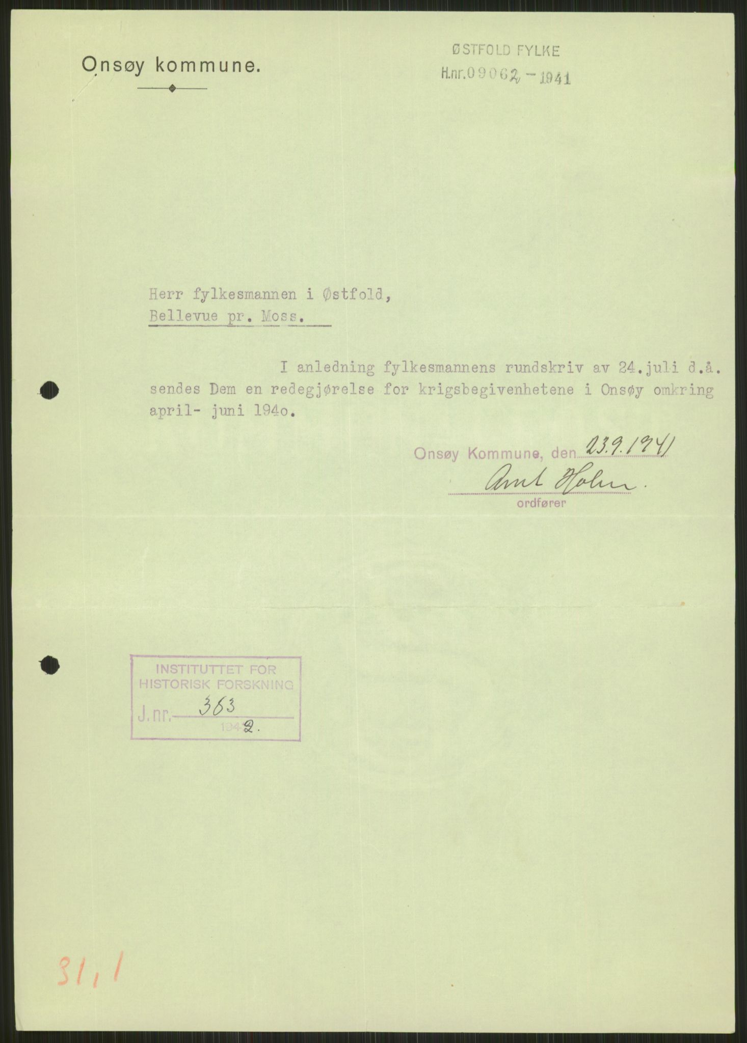 Forsvaret, Forsvarets krigshistoriske avdeling, AV/RA-RAFA-2017/Y/Ya/L0013: II-C-11-31 - Fylkesmenn.  Rapporter om krigsbegivenhetene 1940., 1940, p. 111