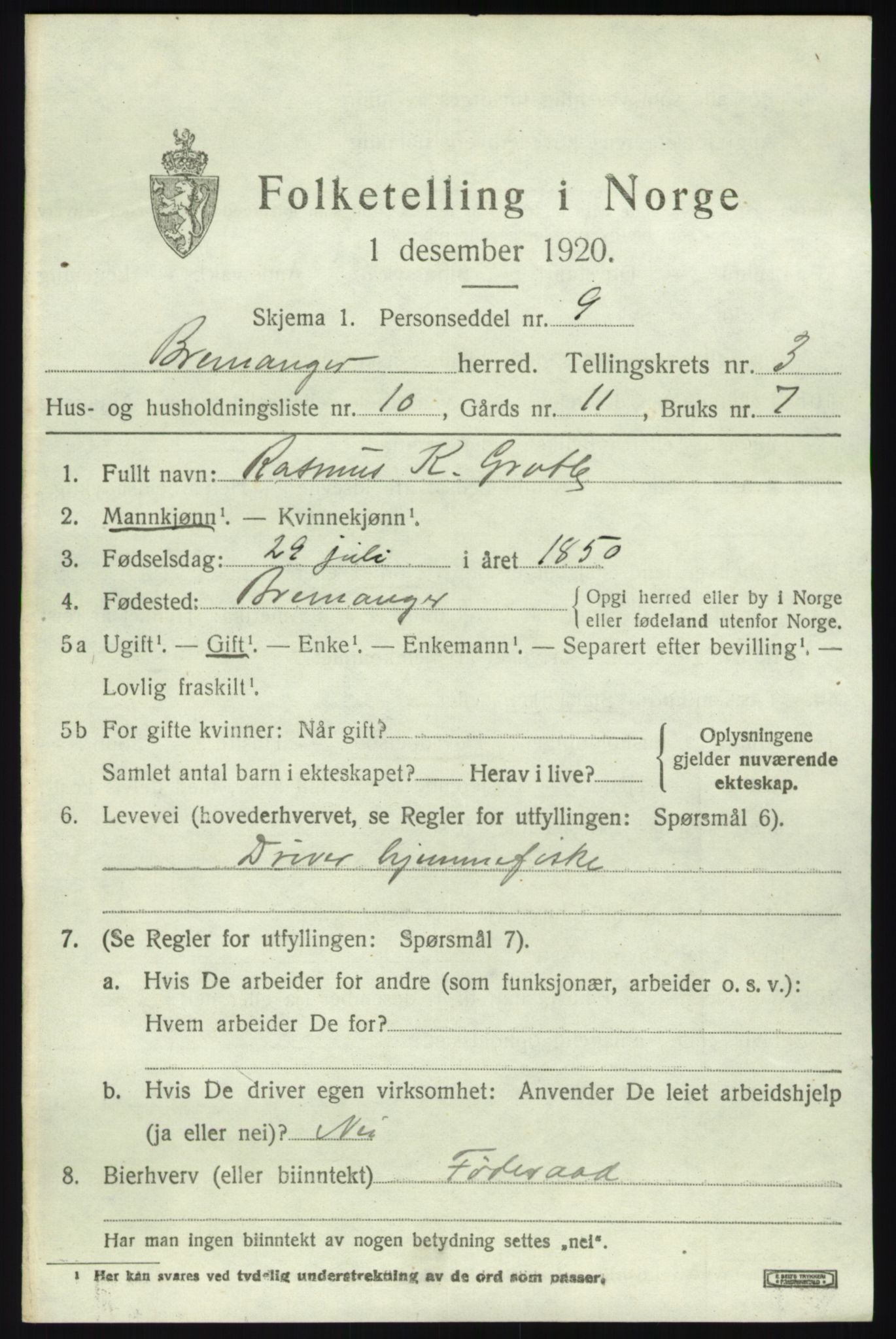 SAB, 1920 census for Bremanger, 1920, p. 2502