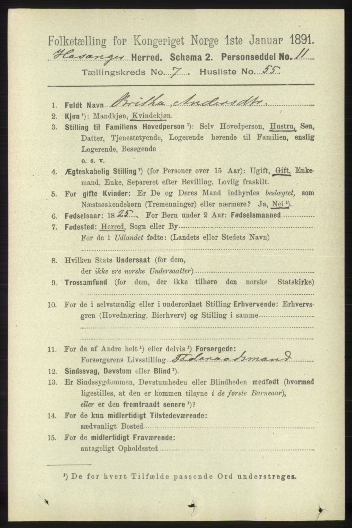 RA, 1891 census for 1253 Hosanger, 1891, p. 2897