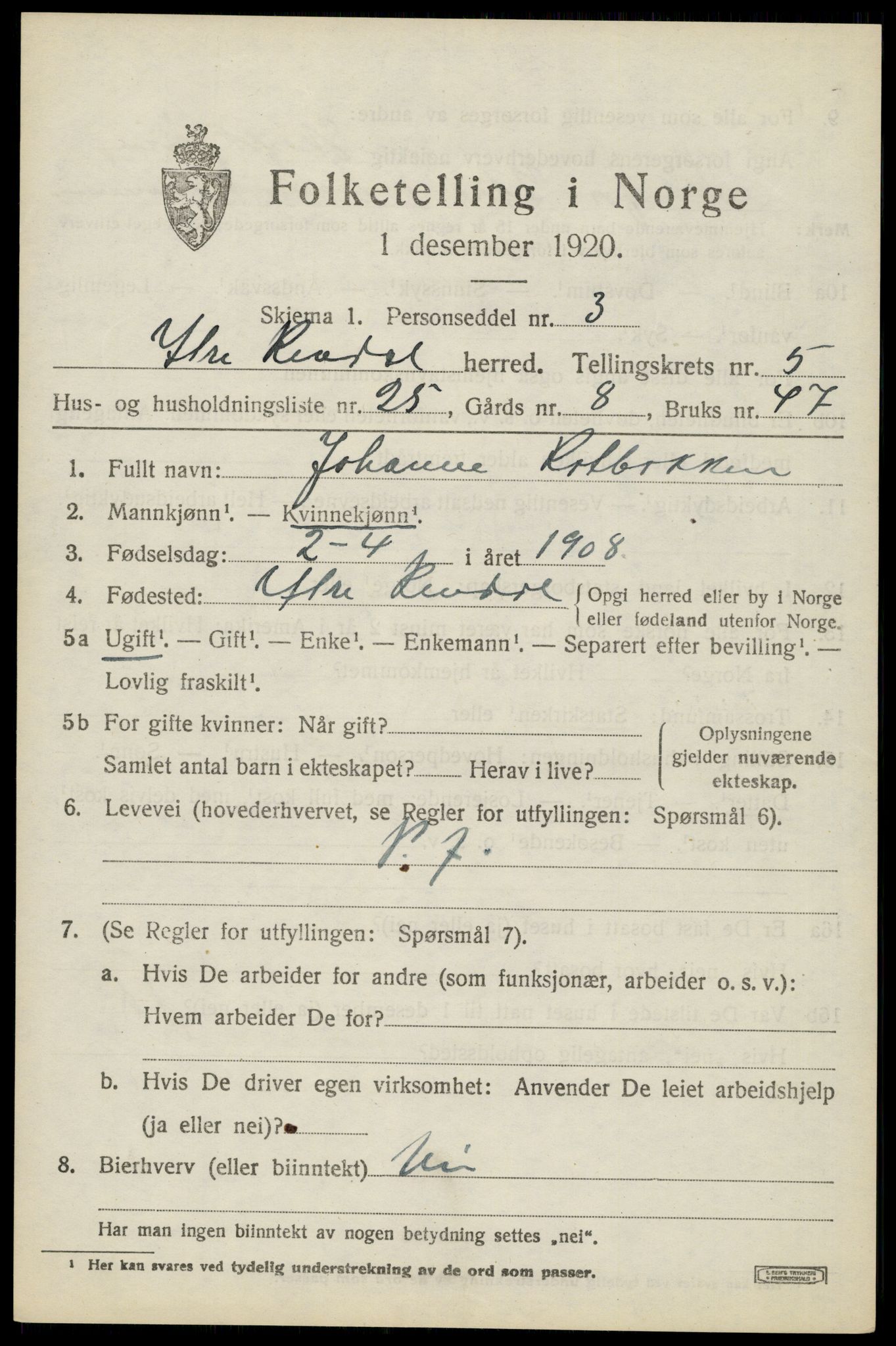 SAH, 1920 census for Ytre Rendal, 1920, p. 2925