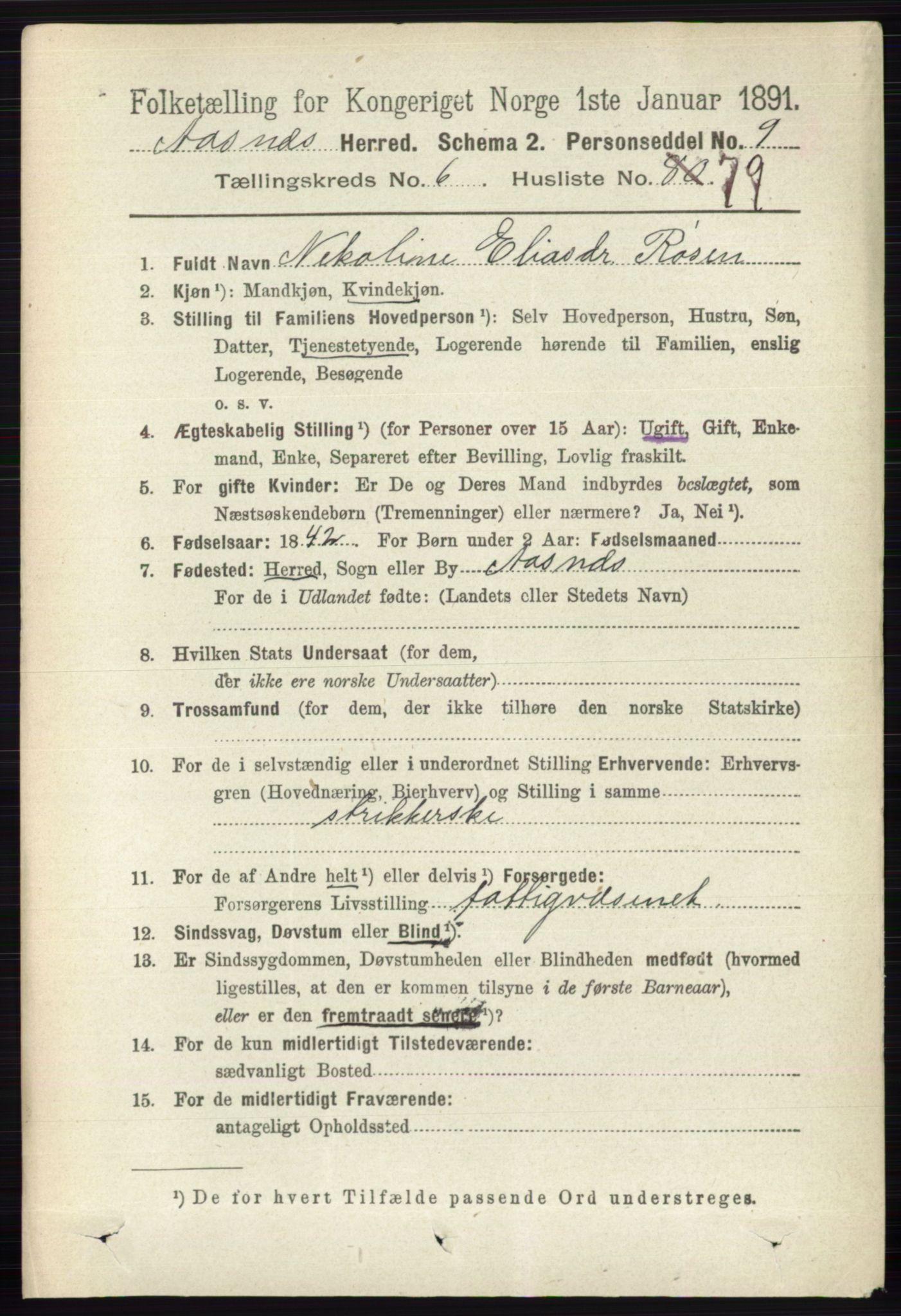 RA, 1891 census for 0425 Åsnes, 1891, p. 3226