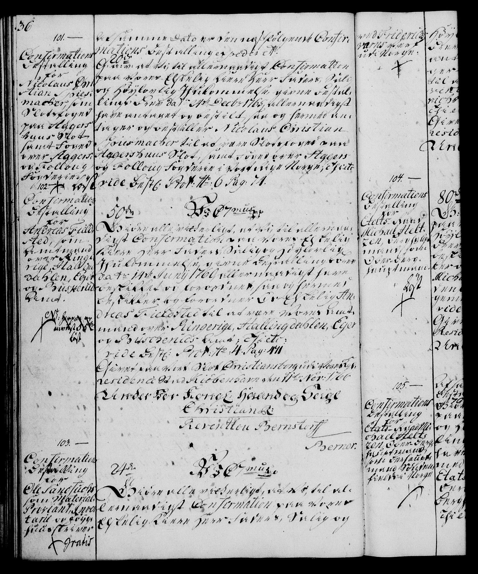 Rentekammeret, Kammerkanselliet, RA/EA-3111/G/Gg/Ggg/L0003: Norsk konfirmasjonsbestallingsprotokoll med register (merket RK 53.33), 1766-1772, p. 36
