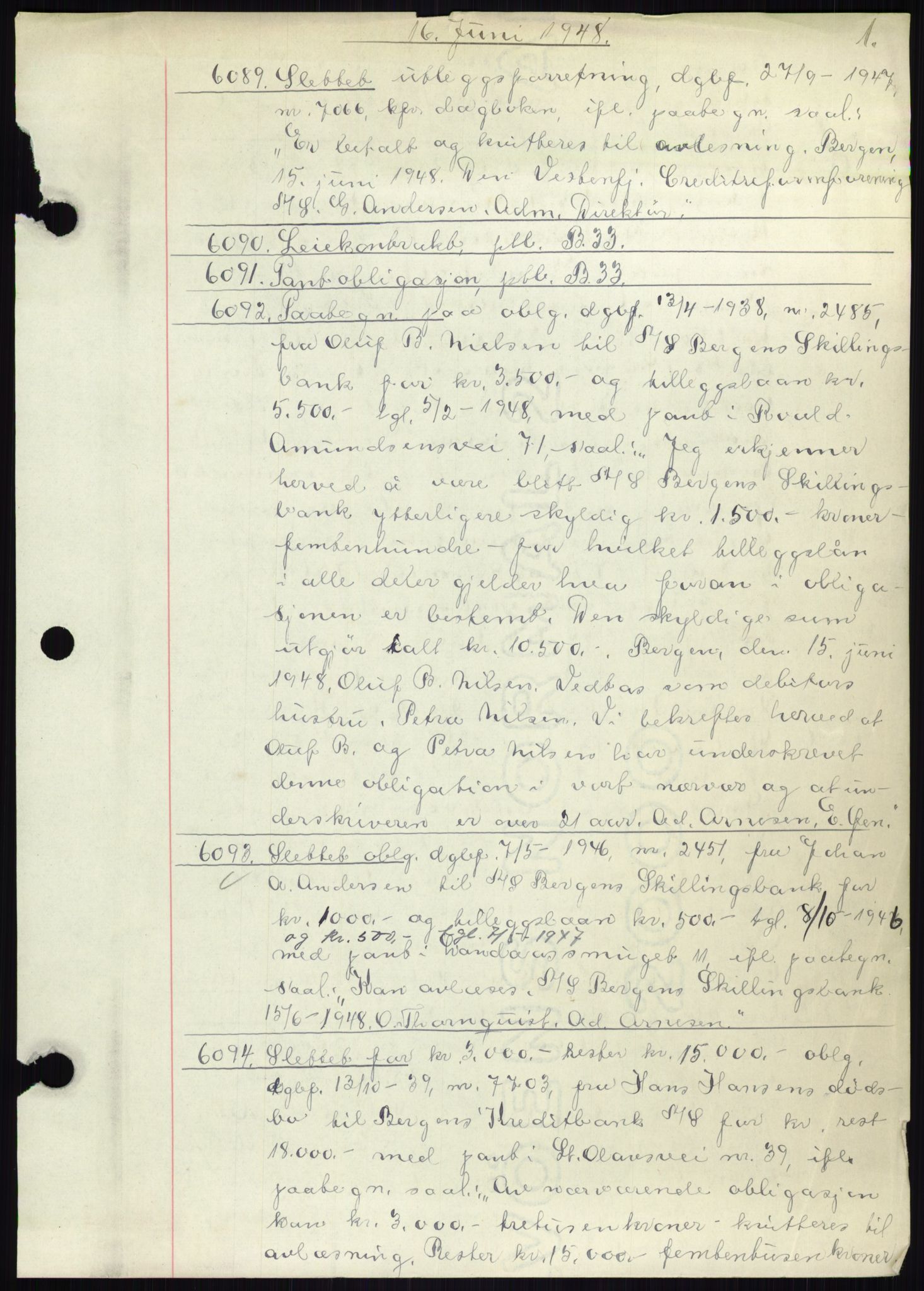 Byfogd og Byskriver i Bergen, AV/SAB-A-3401/03: Mortgage book no. C 33, 1948-1948, Diary no: : 6089/1948