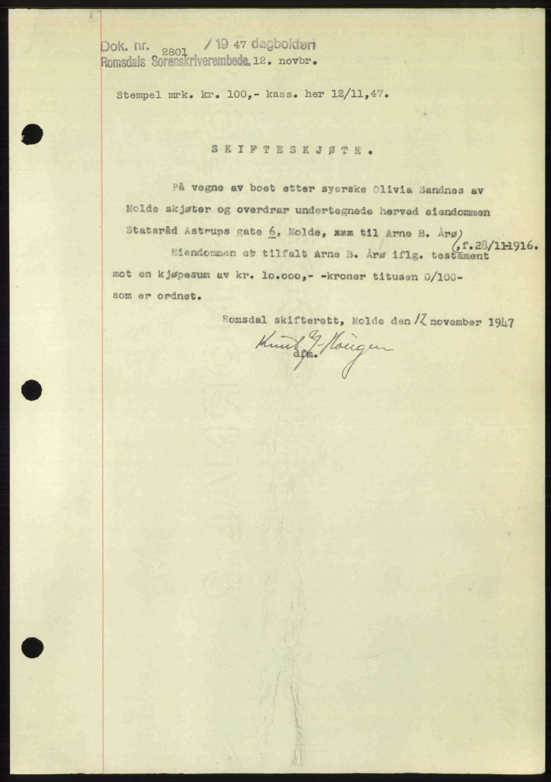 Romsdal sorenskriveri, SAT/A-4149/1/2/2C: Mortgage book no. A24, 1947-1947, Diary no: : 2801/1947