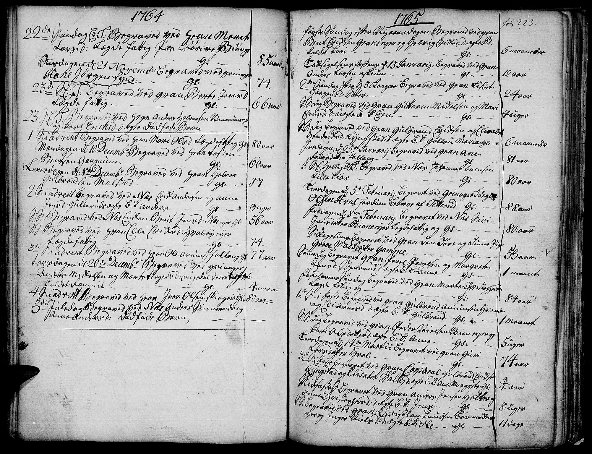 Gran prestekontor, SAH/PREST-112/H/Ha/Haa/L0004: Parish register (official) no. 4, 1759-1775, p. 223