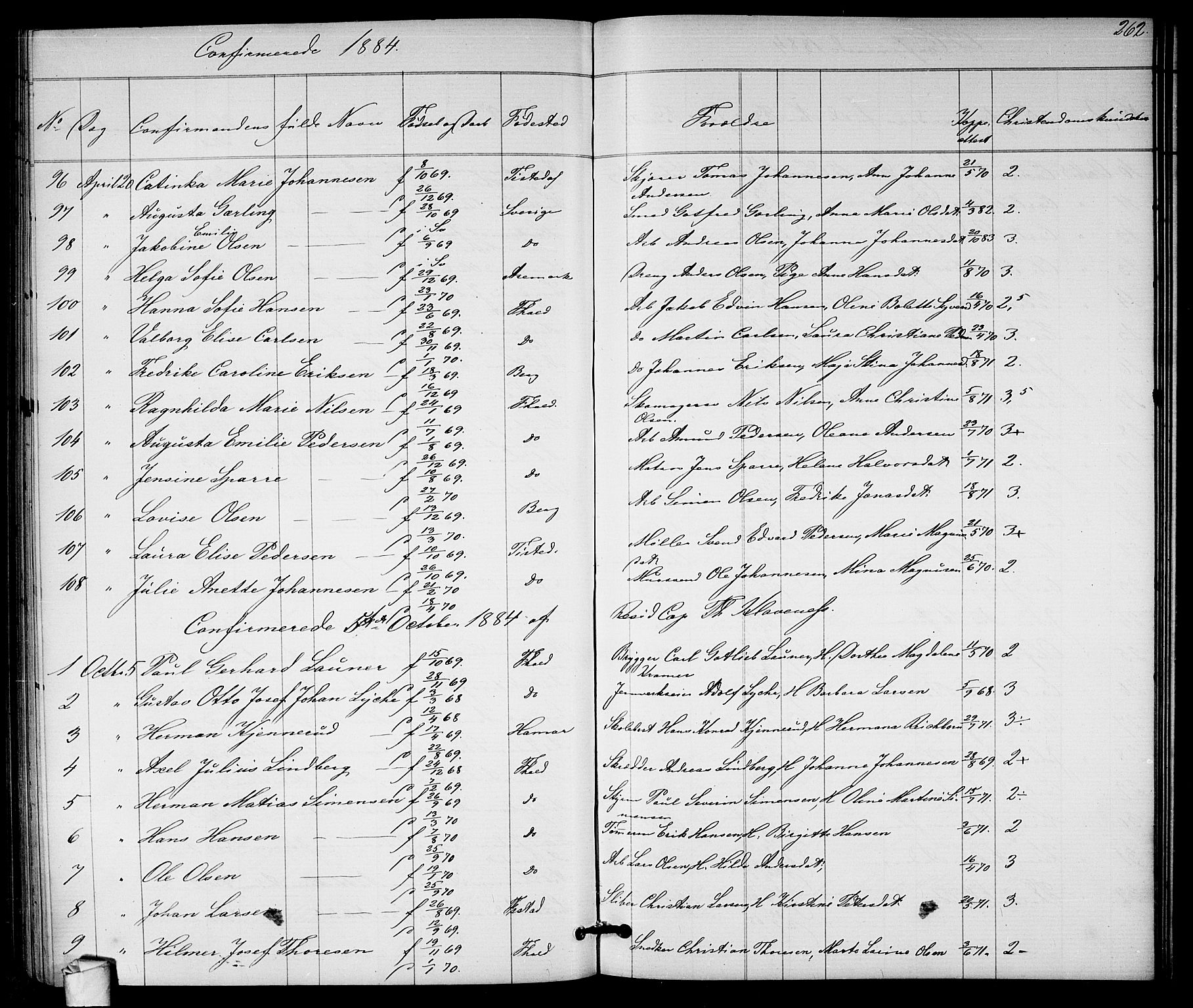 Halden prestekontor Kirkebøker, SAO/A-10909/G/Ga/L0007: Parish register (copy) no. 7, 1869-1884, p. 262