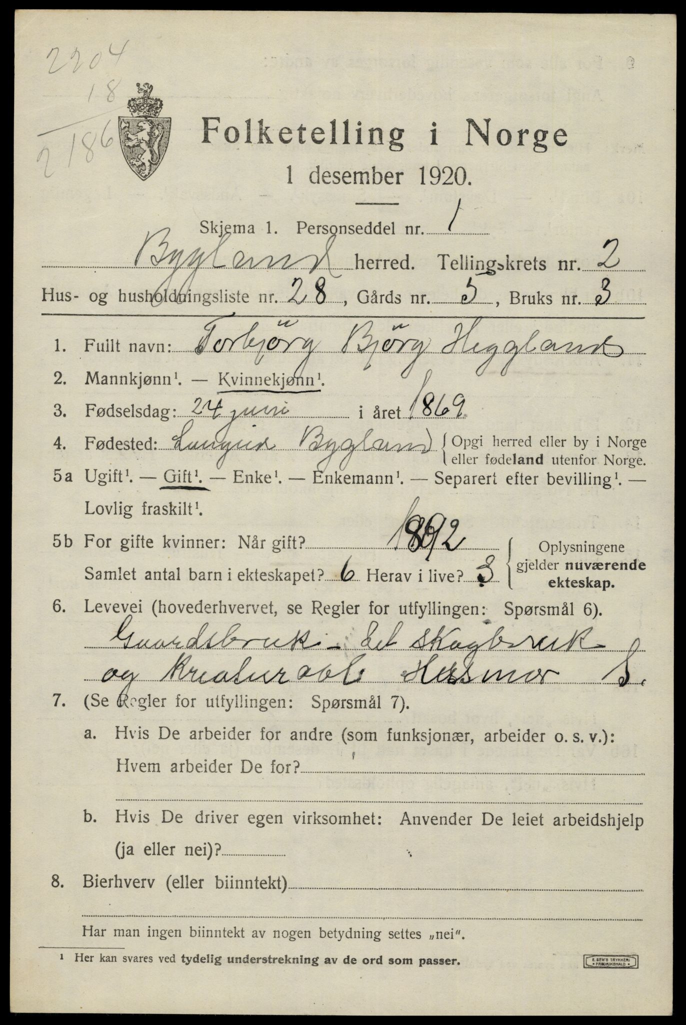 SAK, 1920 census for Bygland, 1920, p. 1453