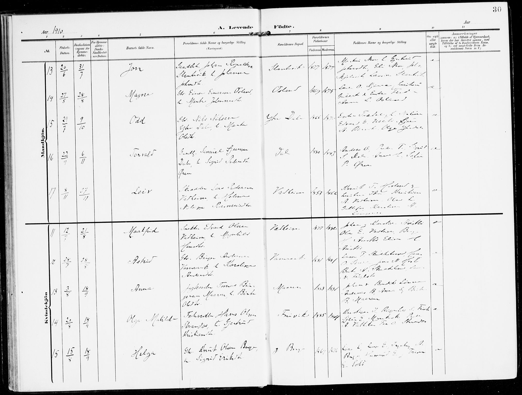 Lavik sokneprestembete, AV/SAB-A-80901: Parish register (official) no. C 2, 1904-1921, p. 30