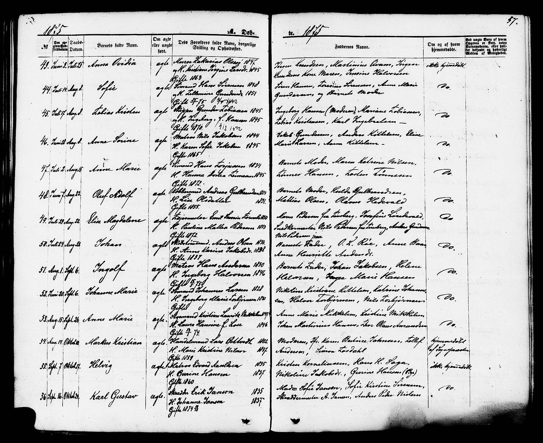 Brevik kirkebøker, AV/SAKO-A-255/F/Fa/L0006: Parish register (official) no. 6, 1866-1881, p. 57
