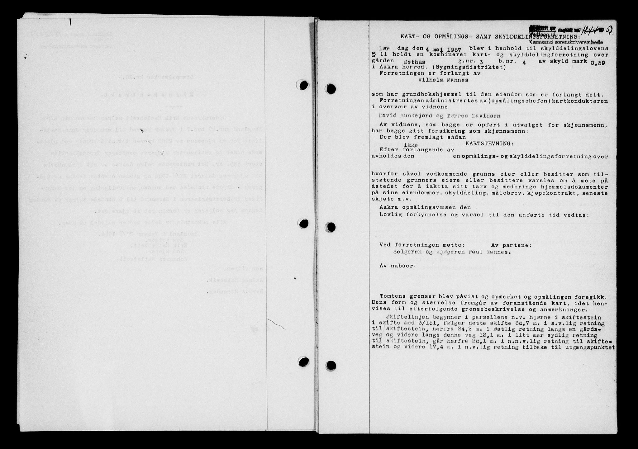 Karmsund sorenskriveri, AV/SAST-A-100311/01/II/IIB/L0125: Mortgage book no. 105A, 1957-1957, Diary no: : 1844/1957