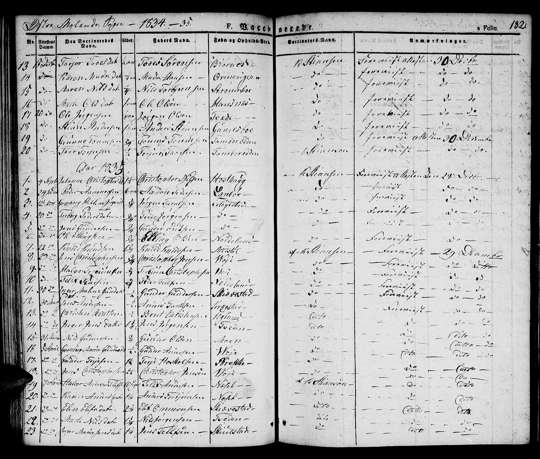 Austre Moland sokneprestkontor, AV/SAK-1111-0001/F/Fa/Faa/L0005: Parish register (official) no. A 5, 1825-1837, p. 182