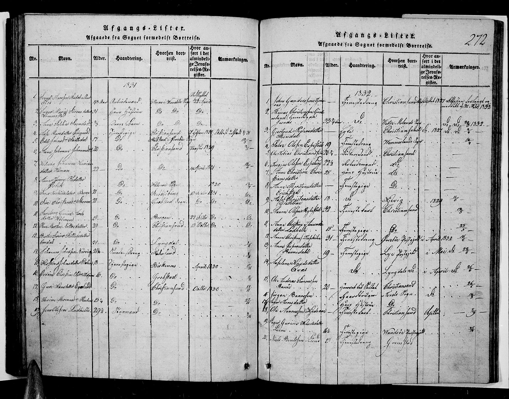 Oddernes sokneprestkontor, AV/SAK-1111-0033/F/Fb/Fba/L0003: Parish register (copy) no. B 3, 1820-1838, p. 272