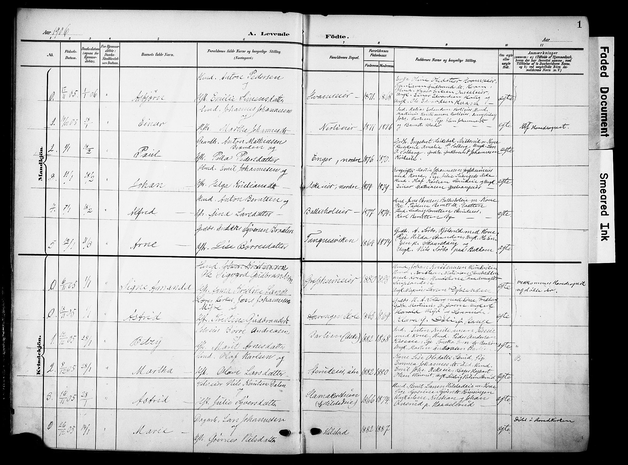 Nes prestekontor, Hedmark, SAH/PREST-020/K/Ka/L0013: Parish register (official) no. 13, 1906-1924, p. 1