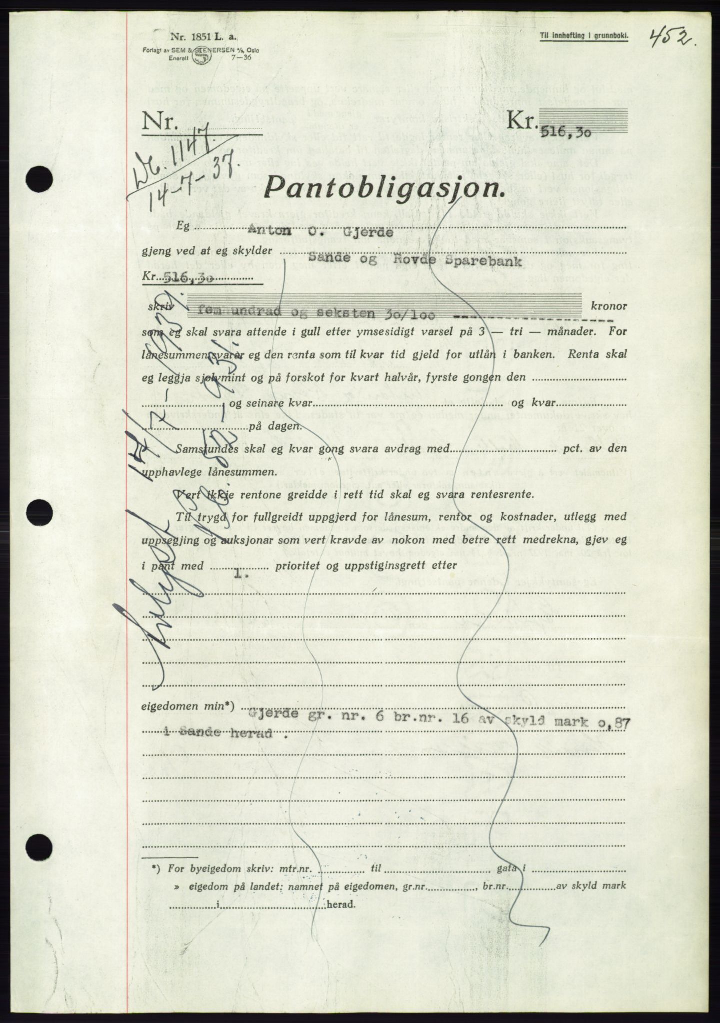 Søre Sunnmøre sorenskriveri, AV/SAT-A-4122/1/2/2C/L0063: Mortgage book no. 57, 1937-1937, Diary no: : 1147/1937