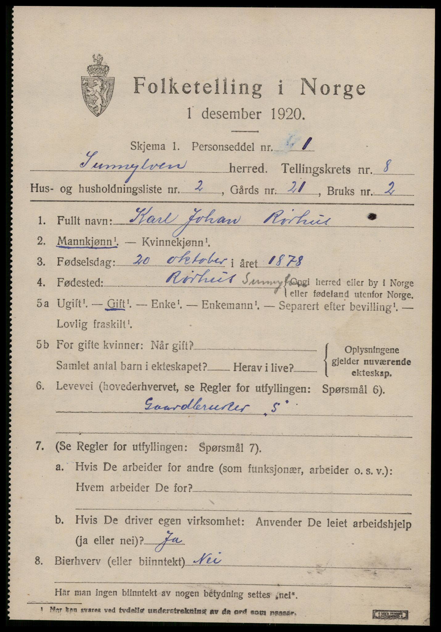 SAT, 1920 census for Sunnylven, 1920, p. 2784