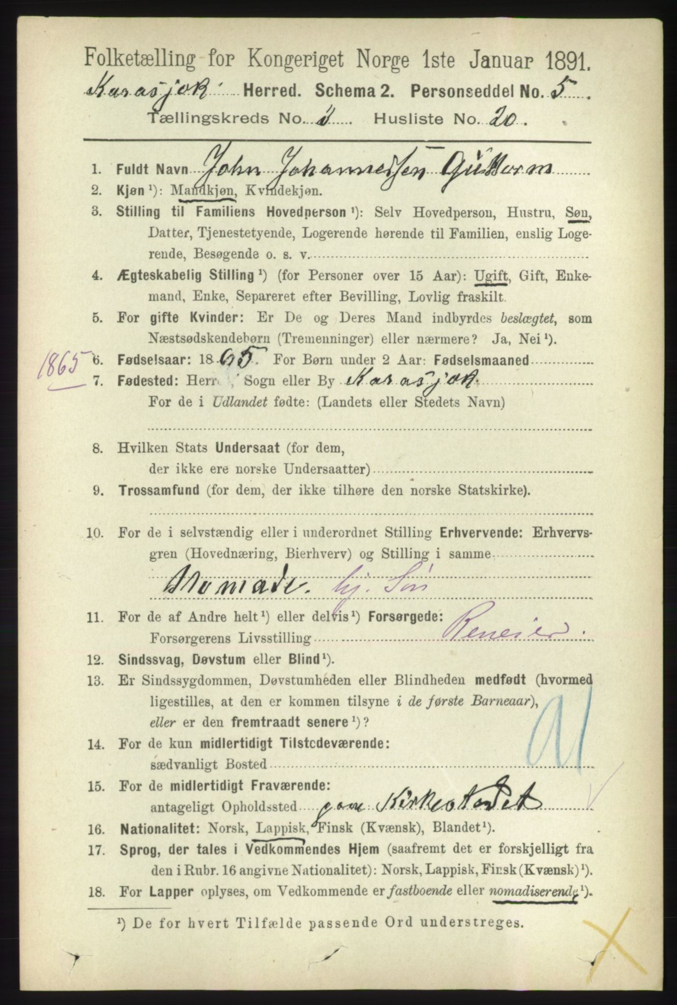 RA, 1891 census for 2021 Karasjok, 1891, p. 672