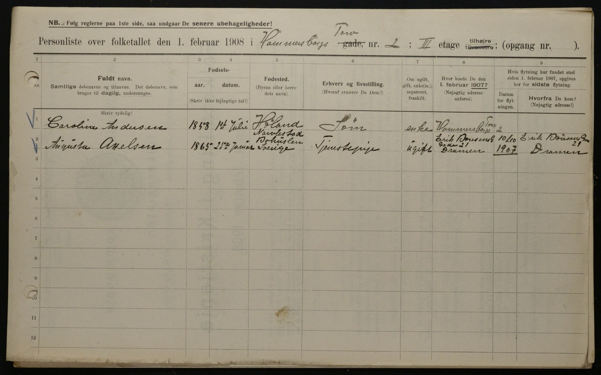 OBA, Municipal Census 1908 for Kristiania, 1908, p. 31001